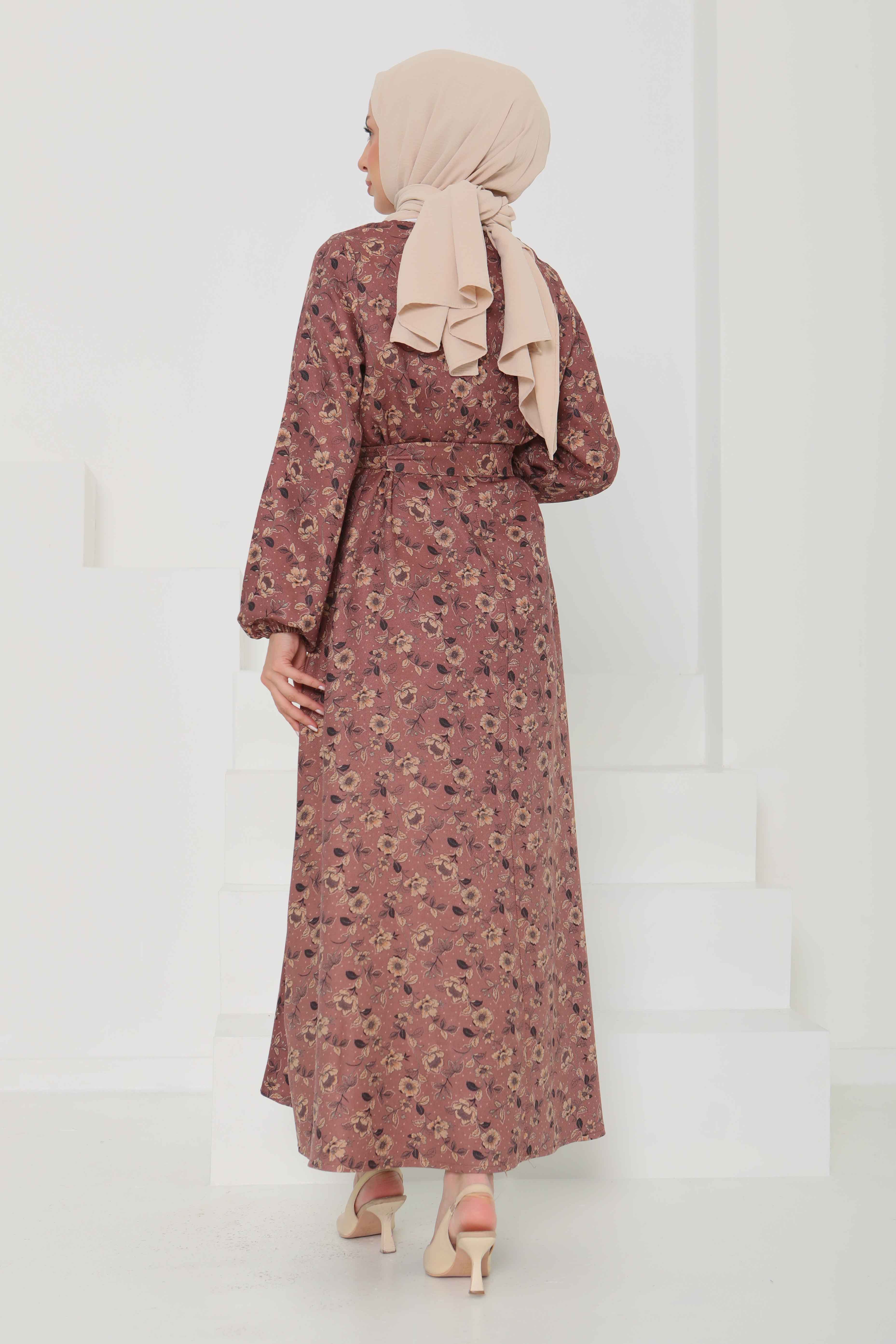 Çiçek Desenli Kuşaklı Elbise - 27103 - 7