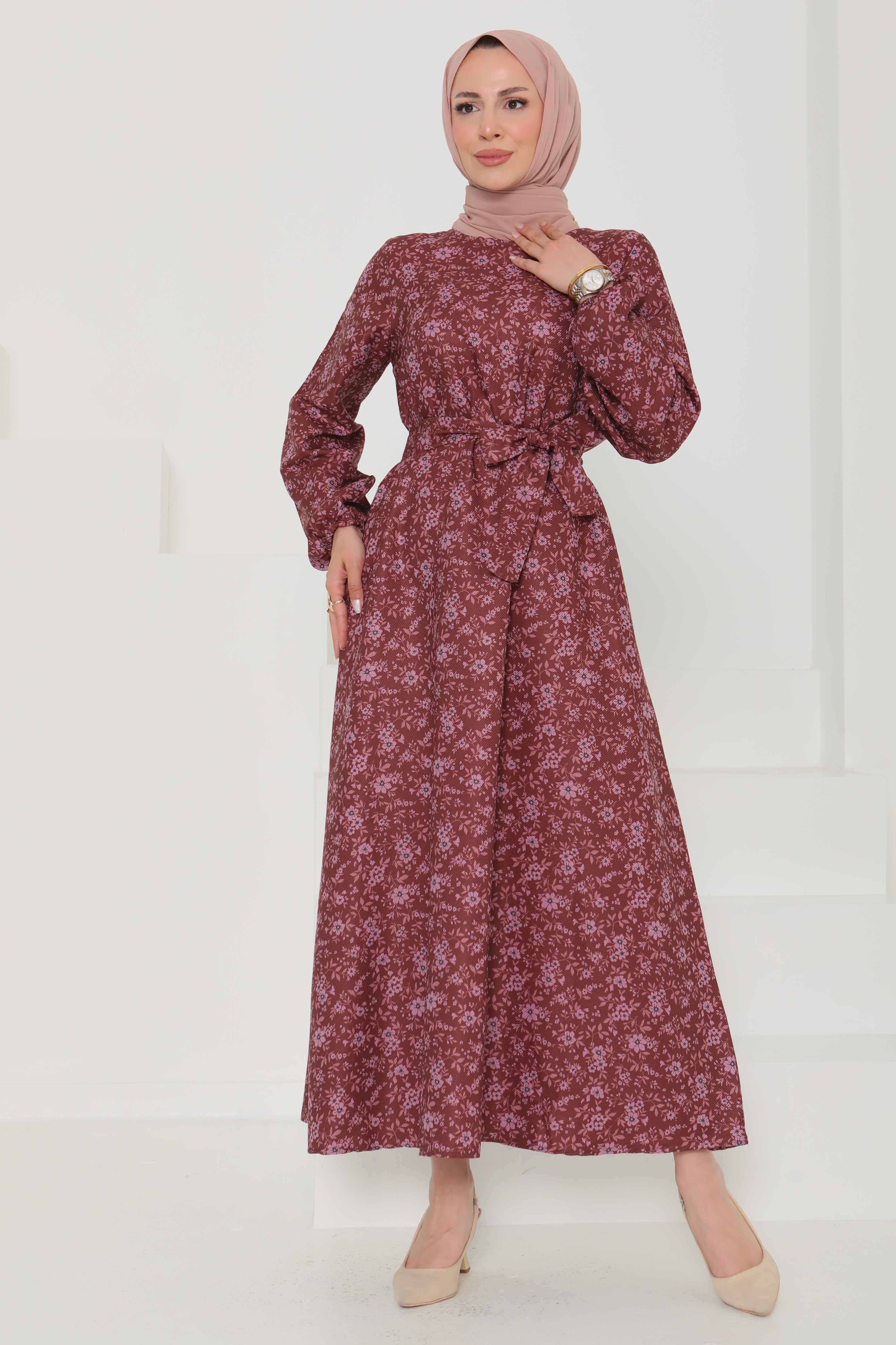 Çiçek Desenli Kuşaklı Elbise - 27102 - 2