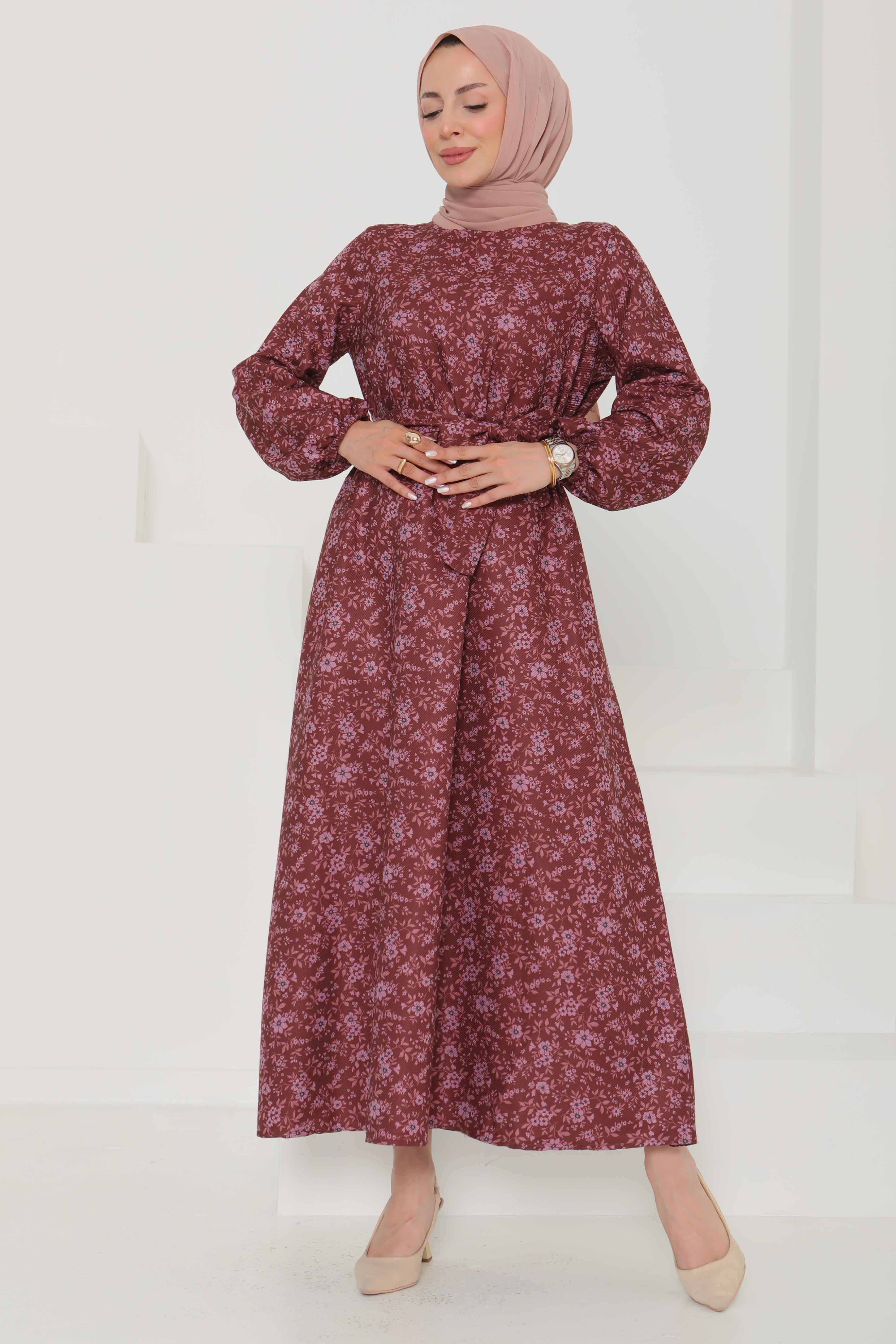 Çiçek Desenli Kuşaklı Elbise - 27102 - 4
