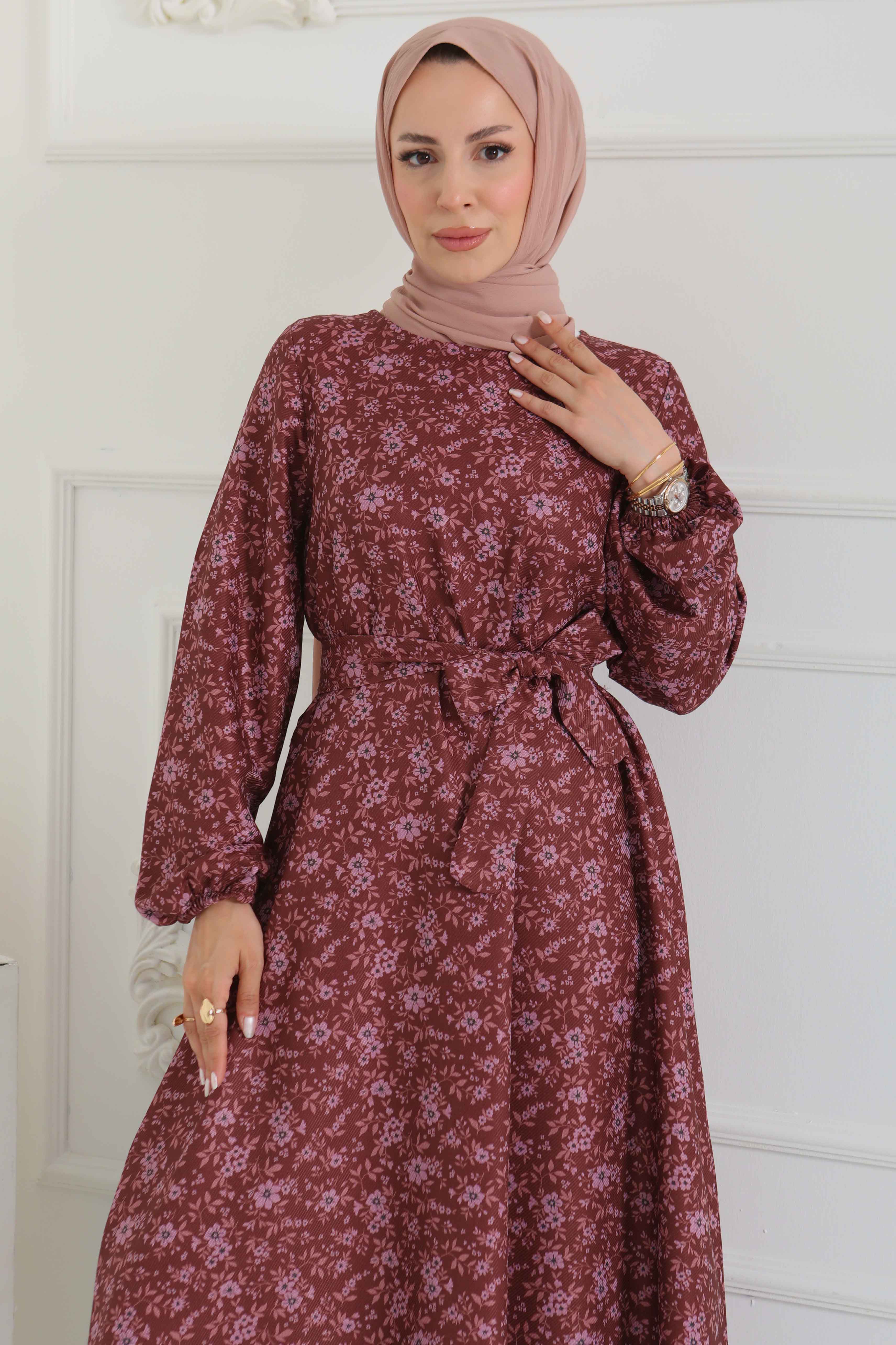Çiçek Desenli Kuşaklı Elbise - 27102 - 5
