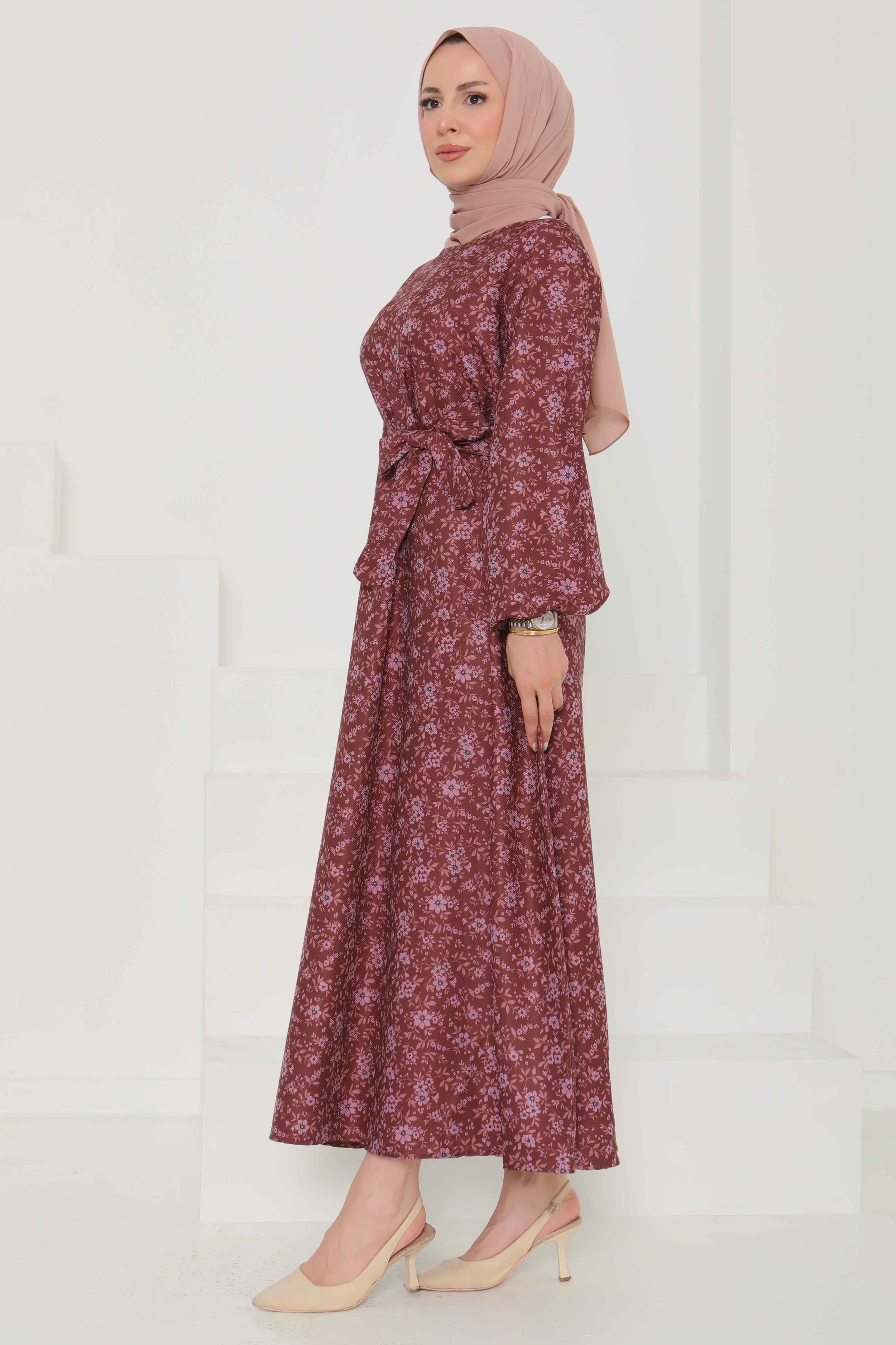 Çiçek Desenli Kuşaklı Elbise - 27102 - 6