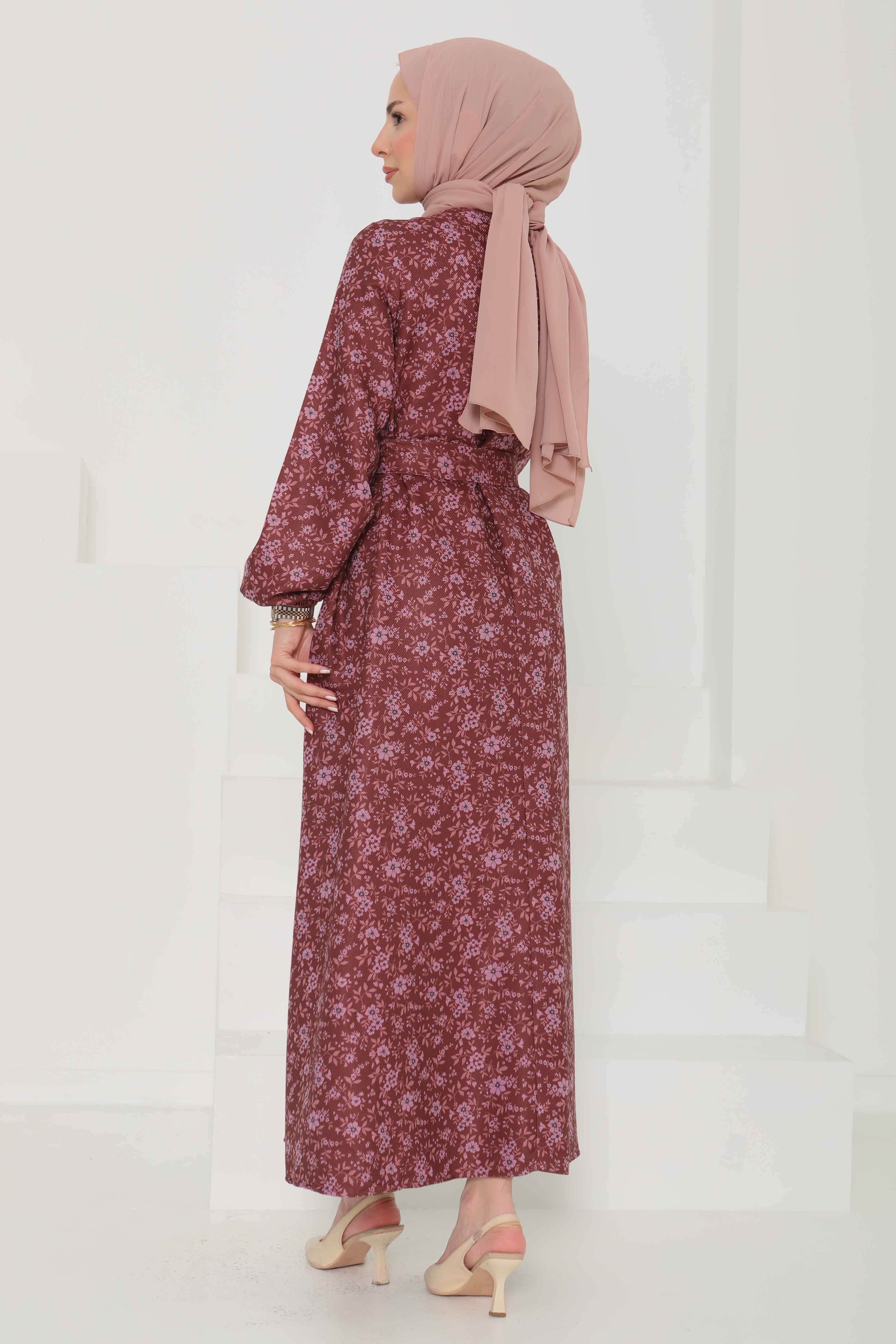 Çiçek Desenli Kuşaklı Elbise - 27102 - 7