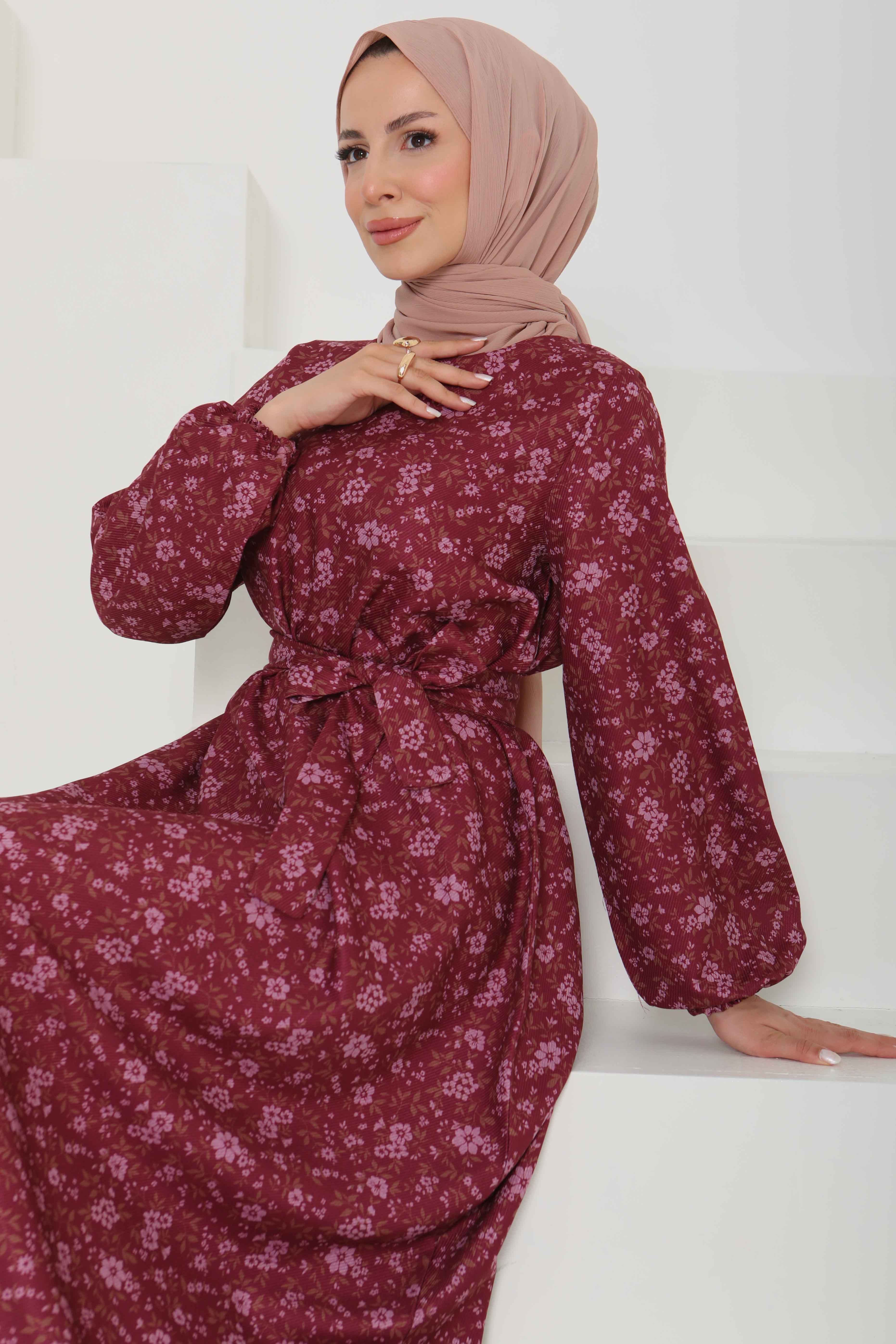 Çiçek Desenli Kuşaklı Elbise - 27102 - 1