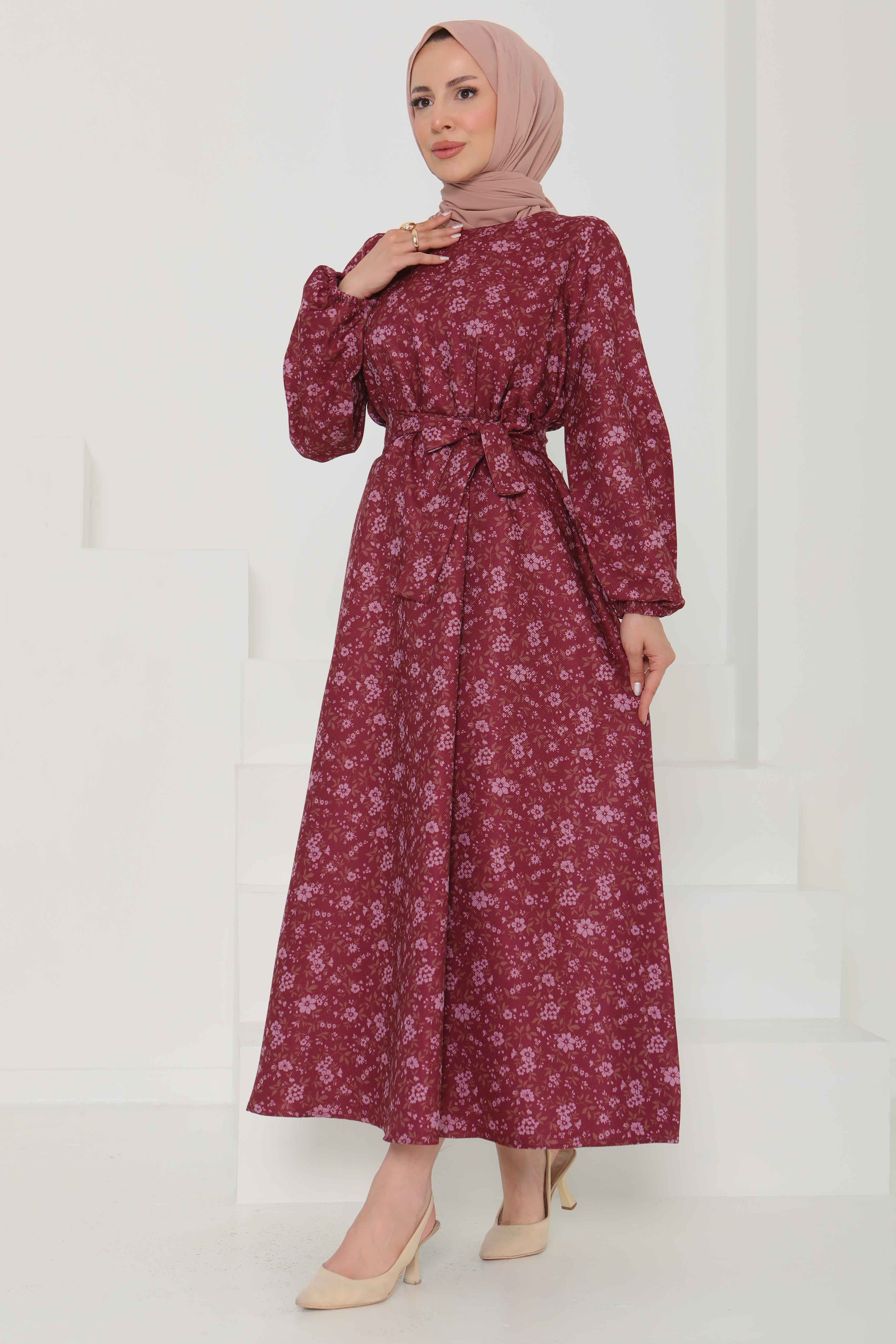 Çiçek Desenli Kuşaklı Elbise - 27102 - 2