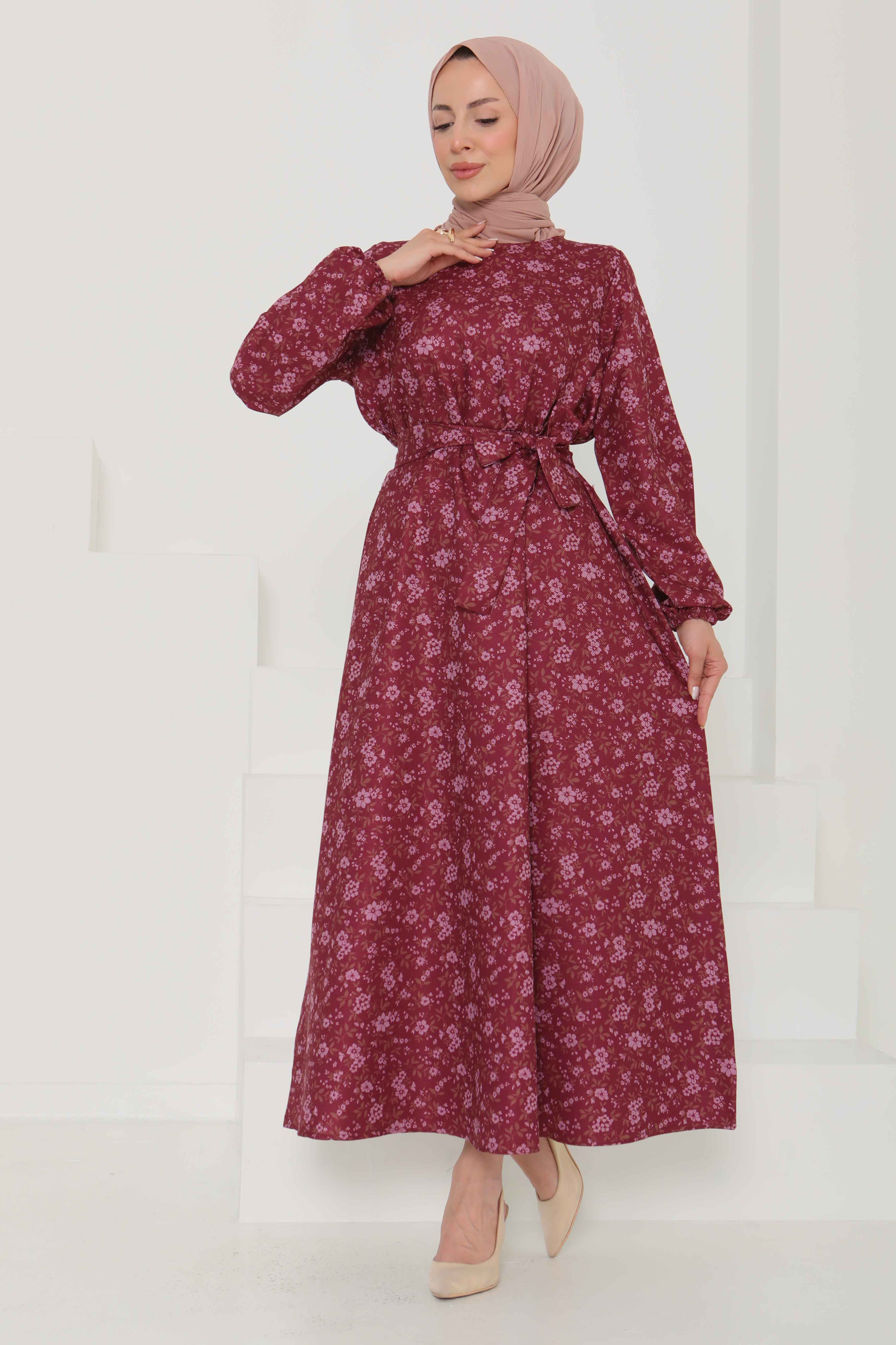 Çiçek Desenli Kuşaklı Elbise - 27102 - 3
