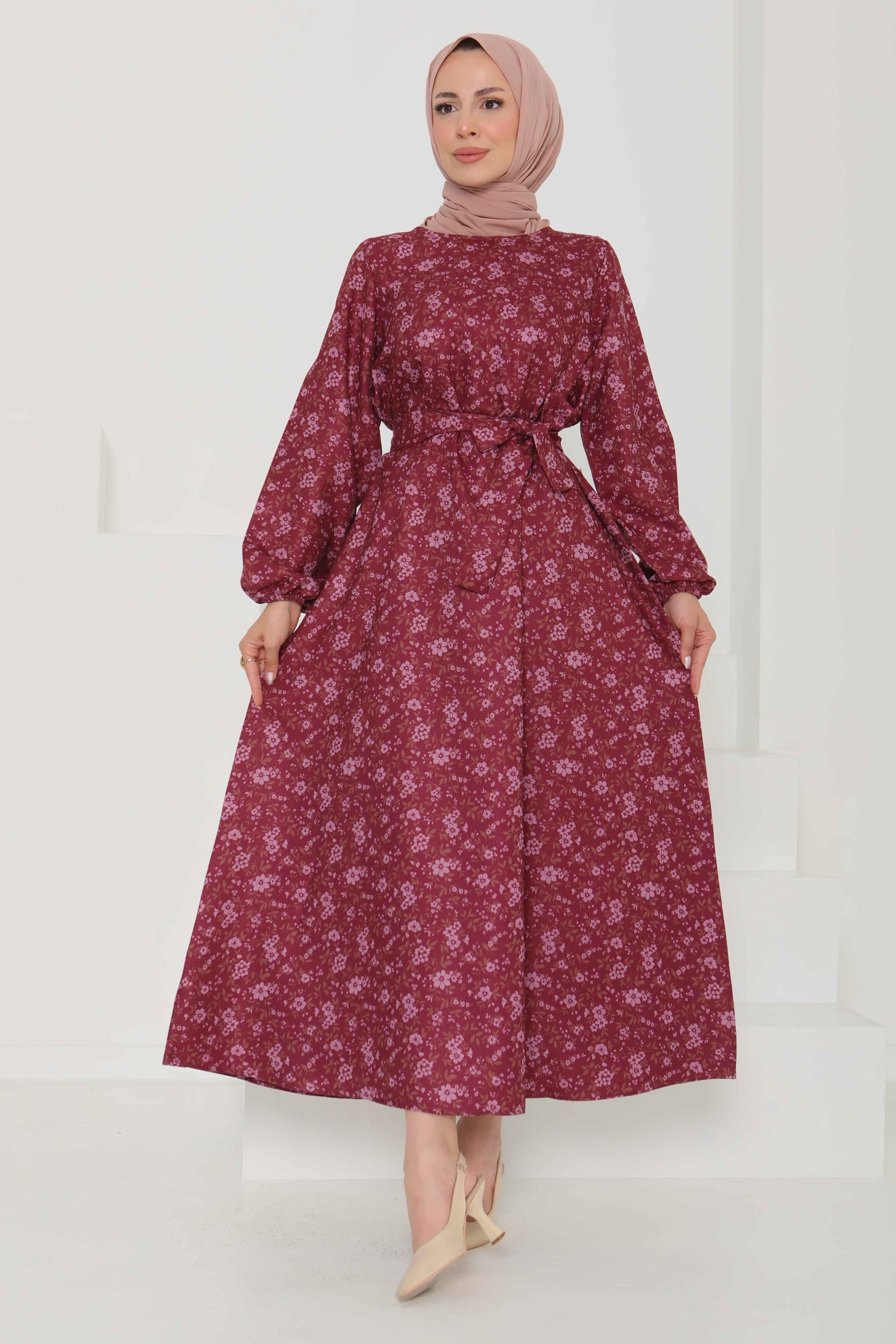 Çiçek Desenli Kuşaklı Elbise - 27102 - 4
