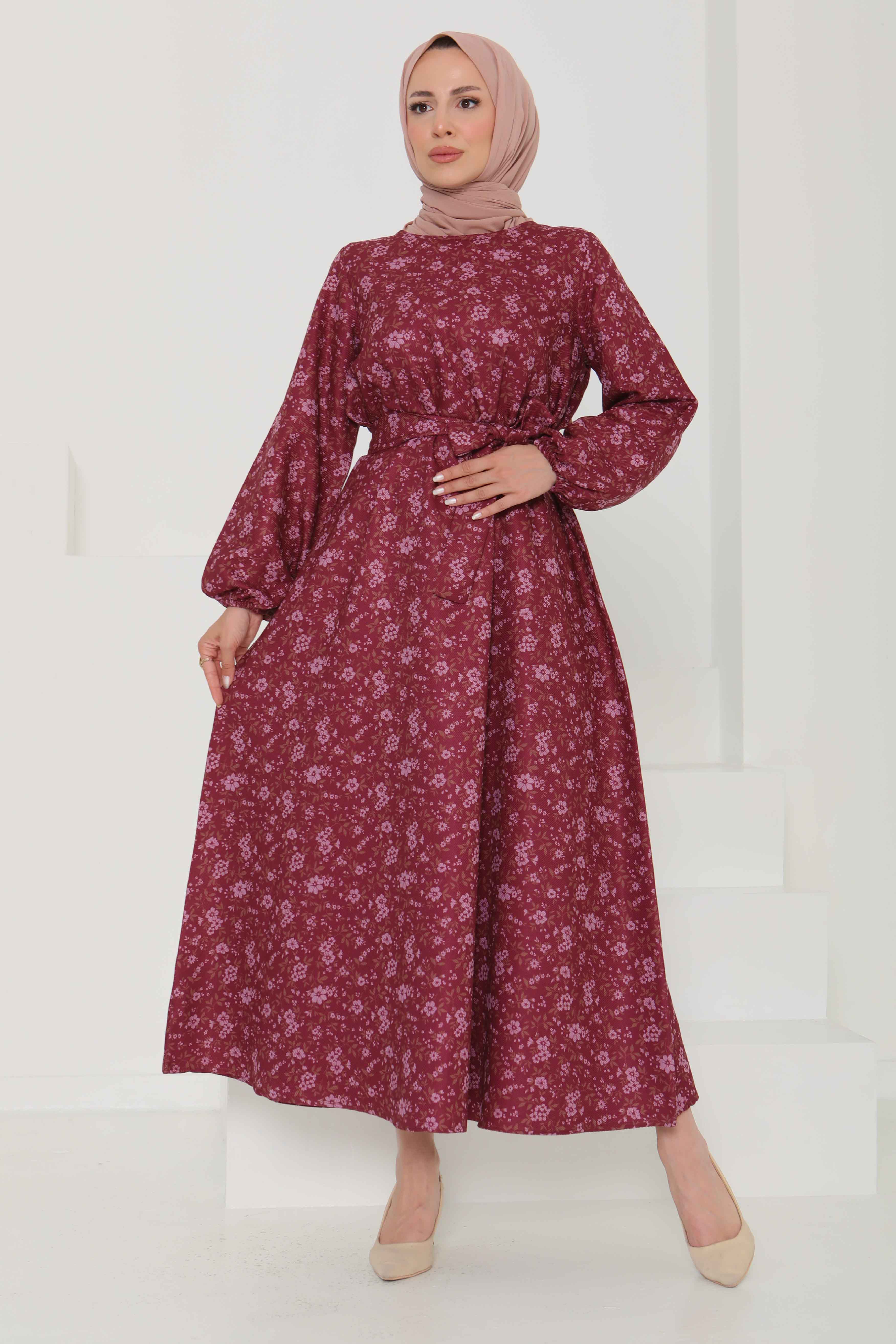 Çiçek Desenli Kuşaklı Elbise - 27102 - 5