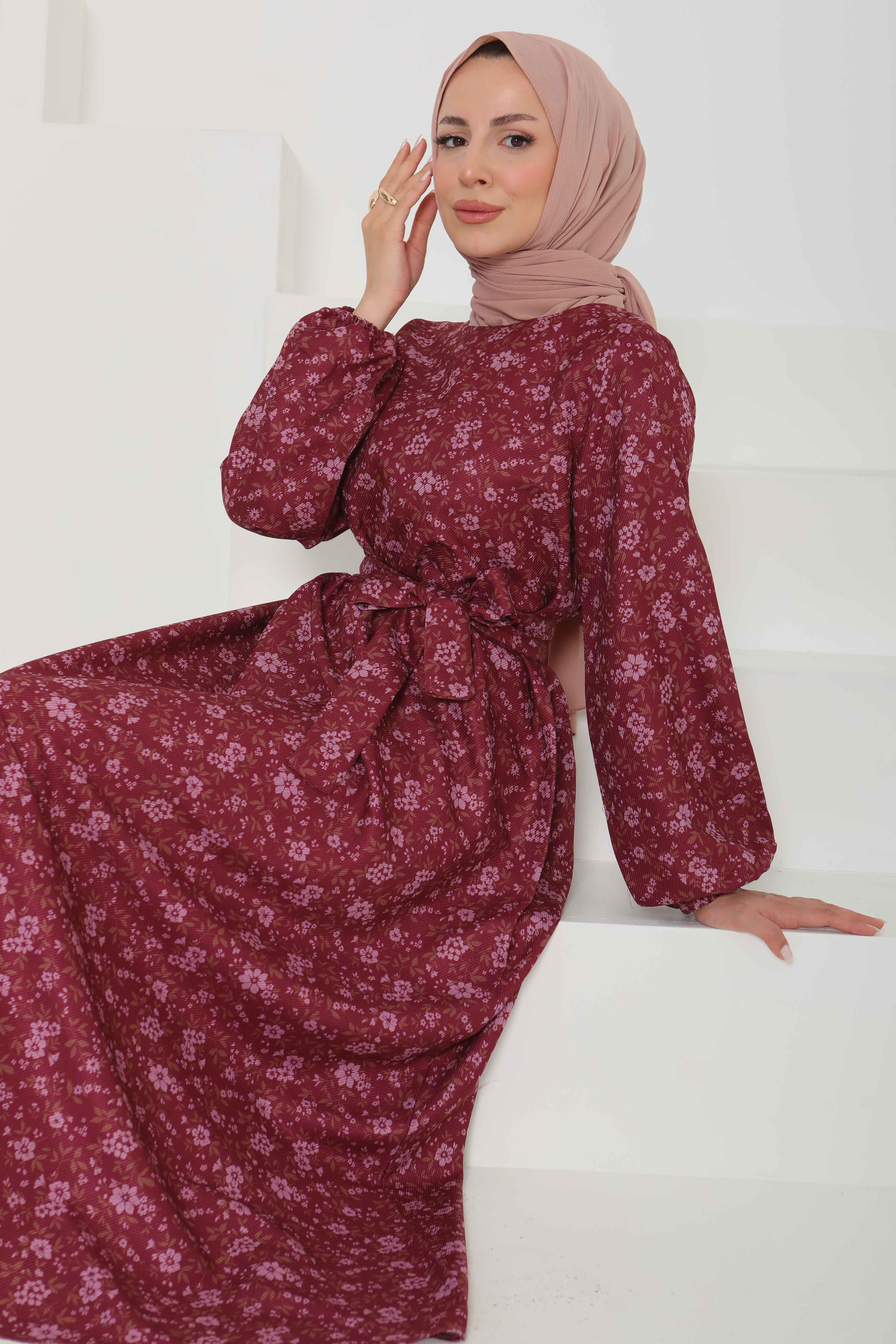Çiçek Desenli Kuşaklı Elbise - 27102 - 6