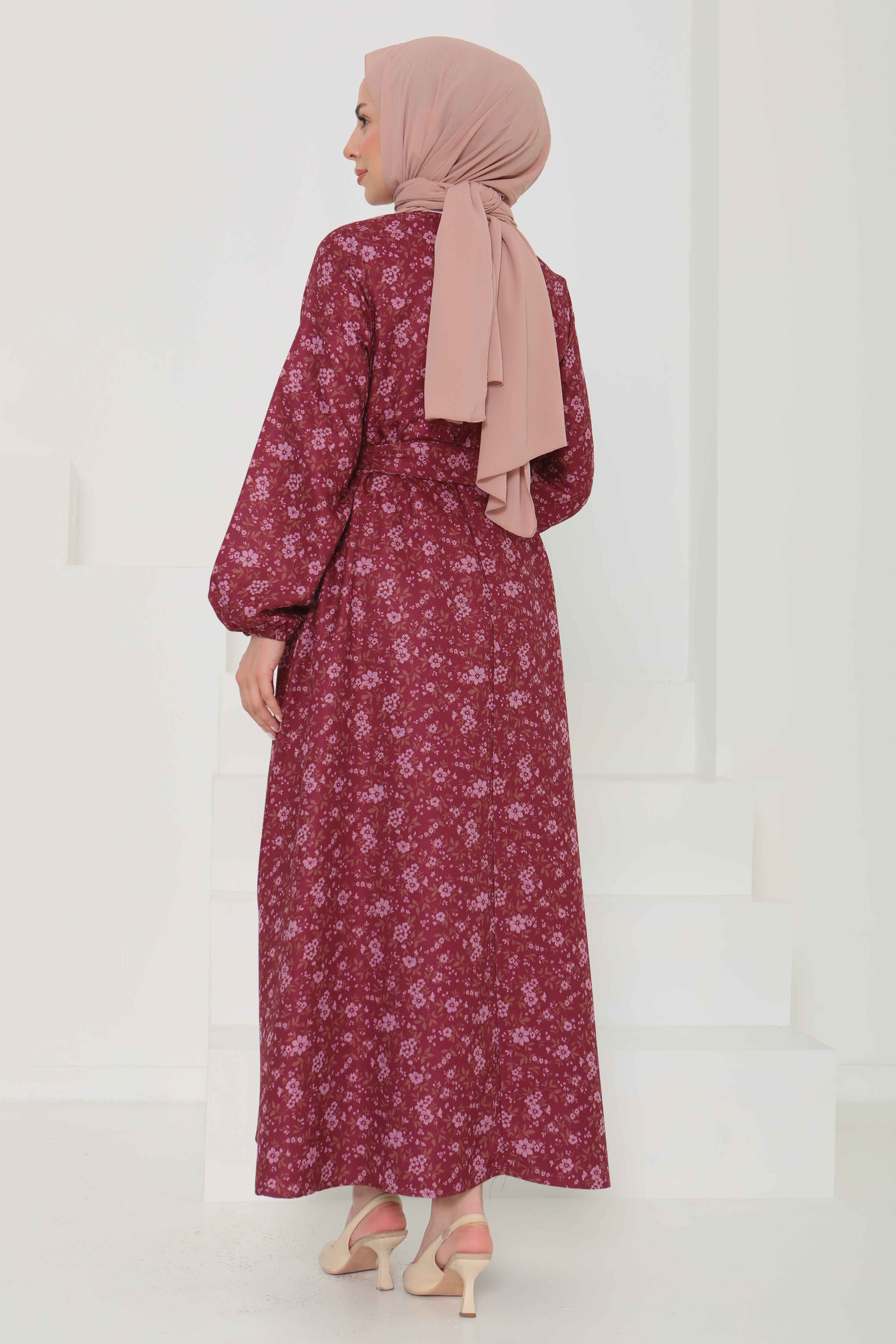 Çiçek Desenli Kuşaklı Elbise - 27102 - 7