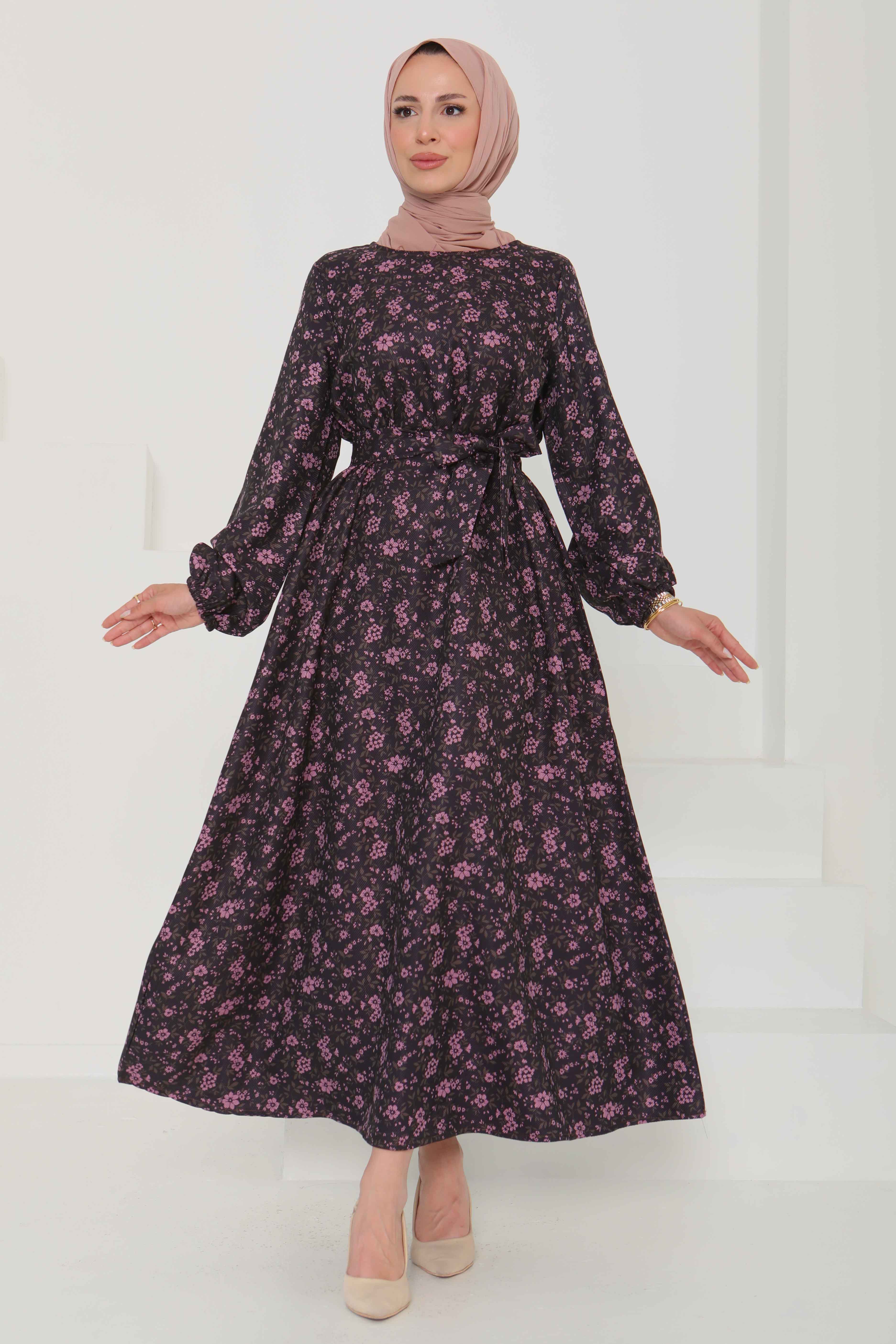 Çiçek Desenli Kuşaklı Elbise - 27102 - 2