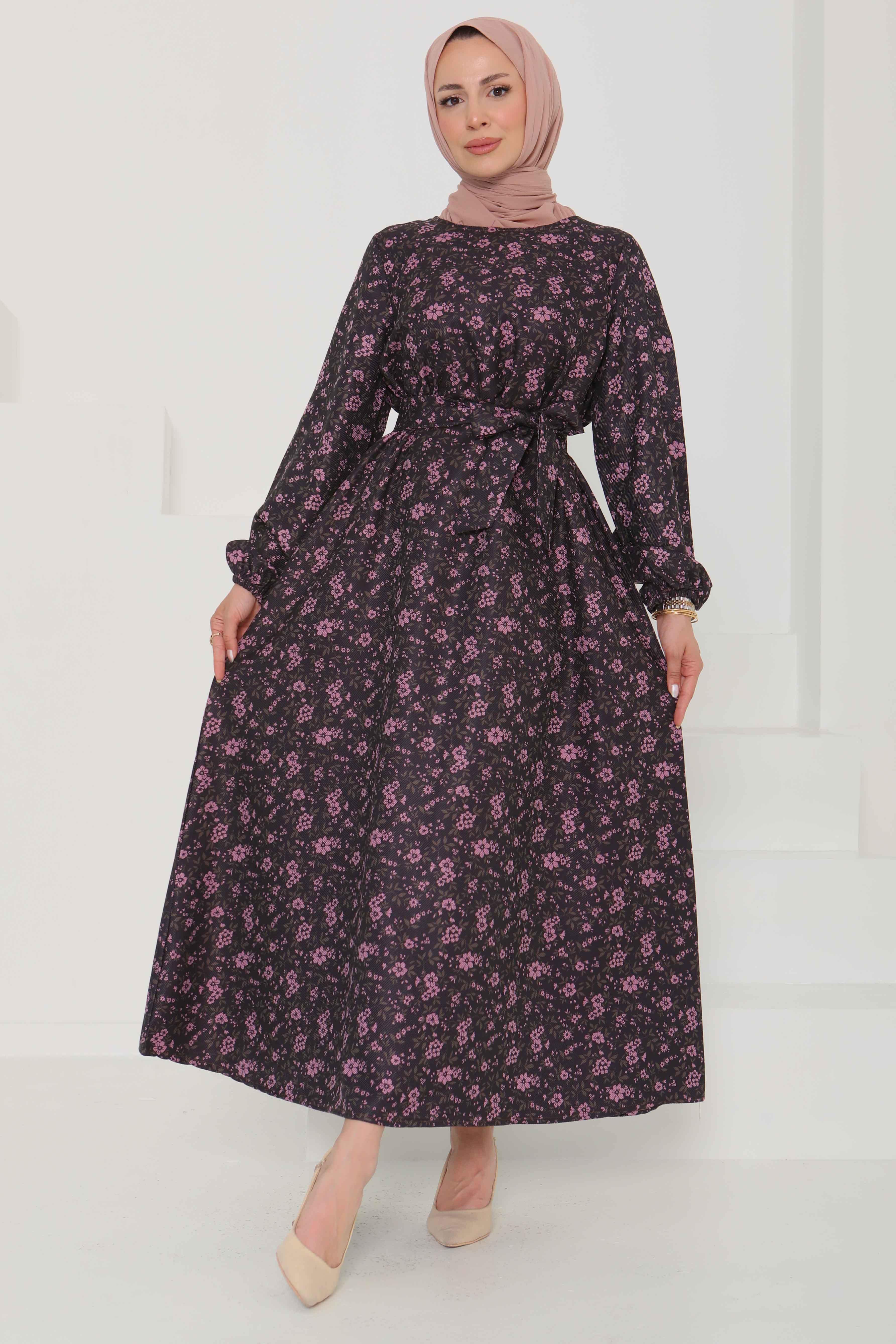 Çiçek Desenli Kuşaklı Elbise - 27102 - 3