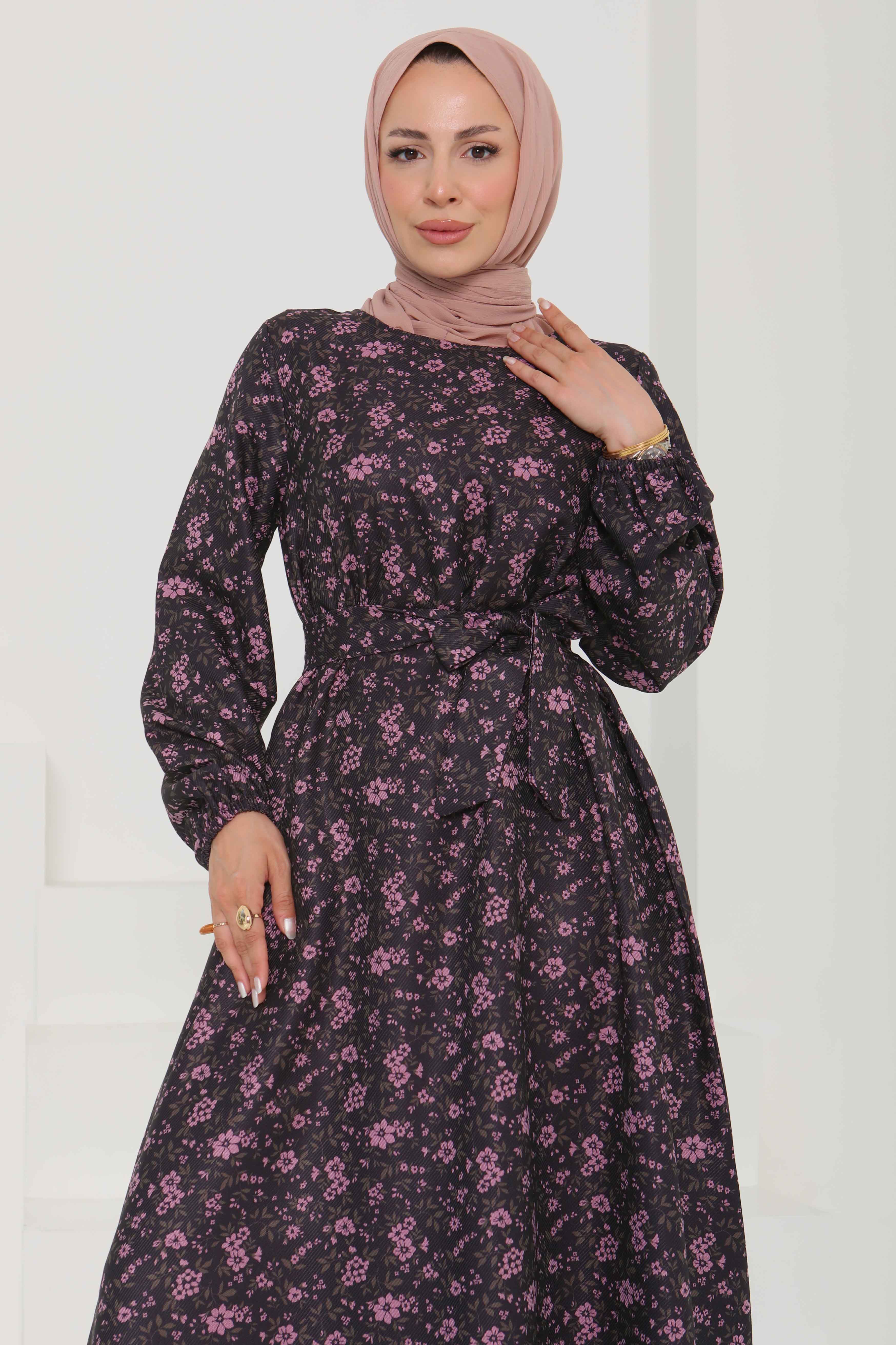 Çiçek Desenli Kuşaklı Elbise - 27102 - 5