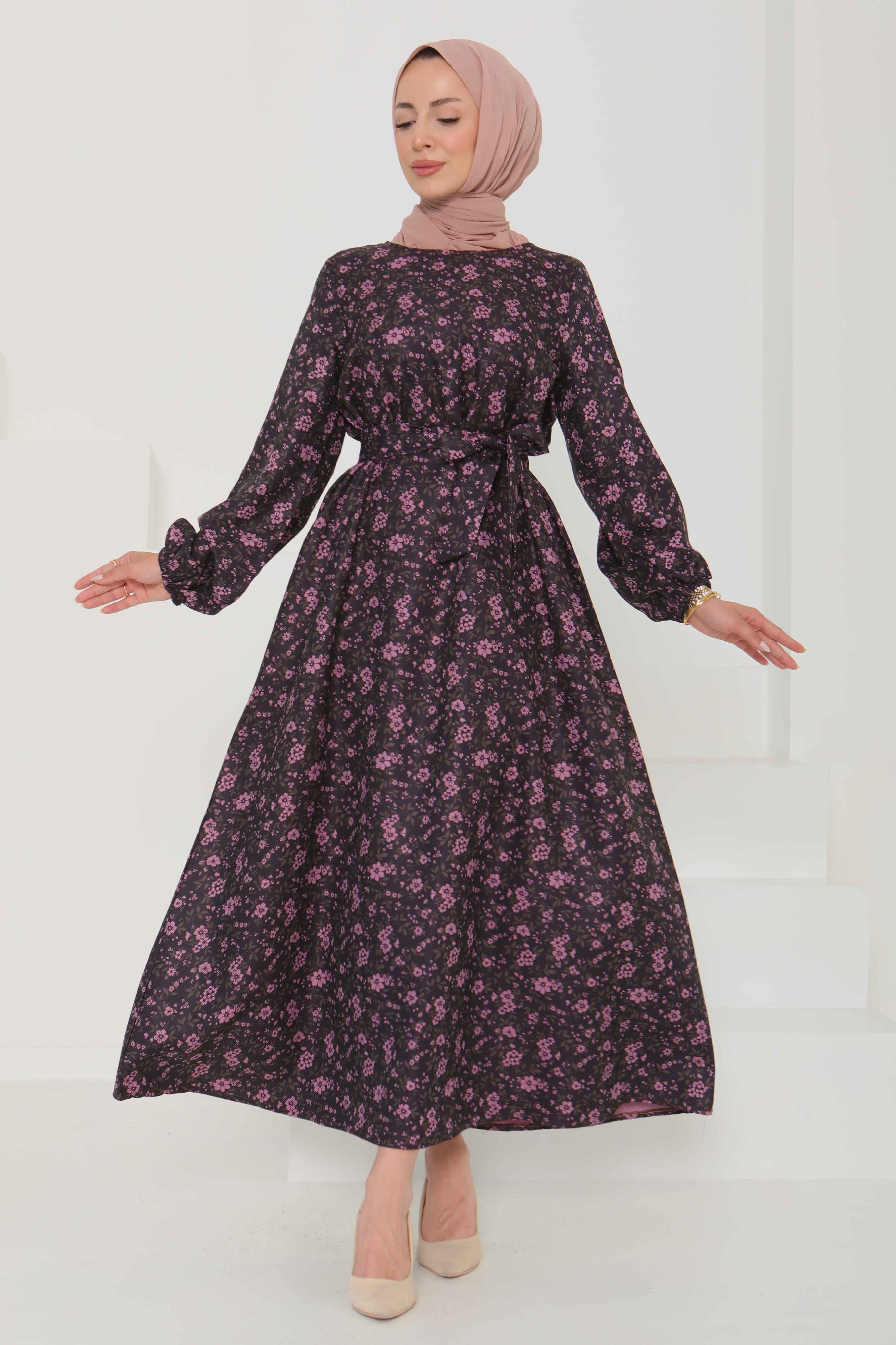 Çiçek Desenli Kuşaklı Elbise - 27102 - 6