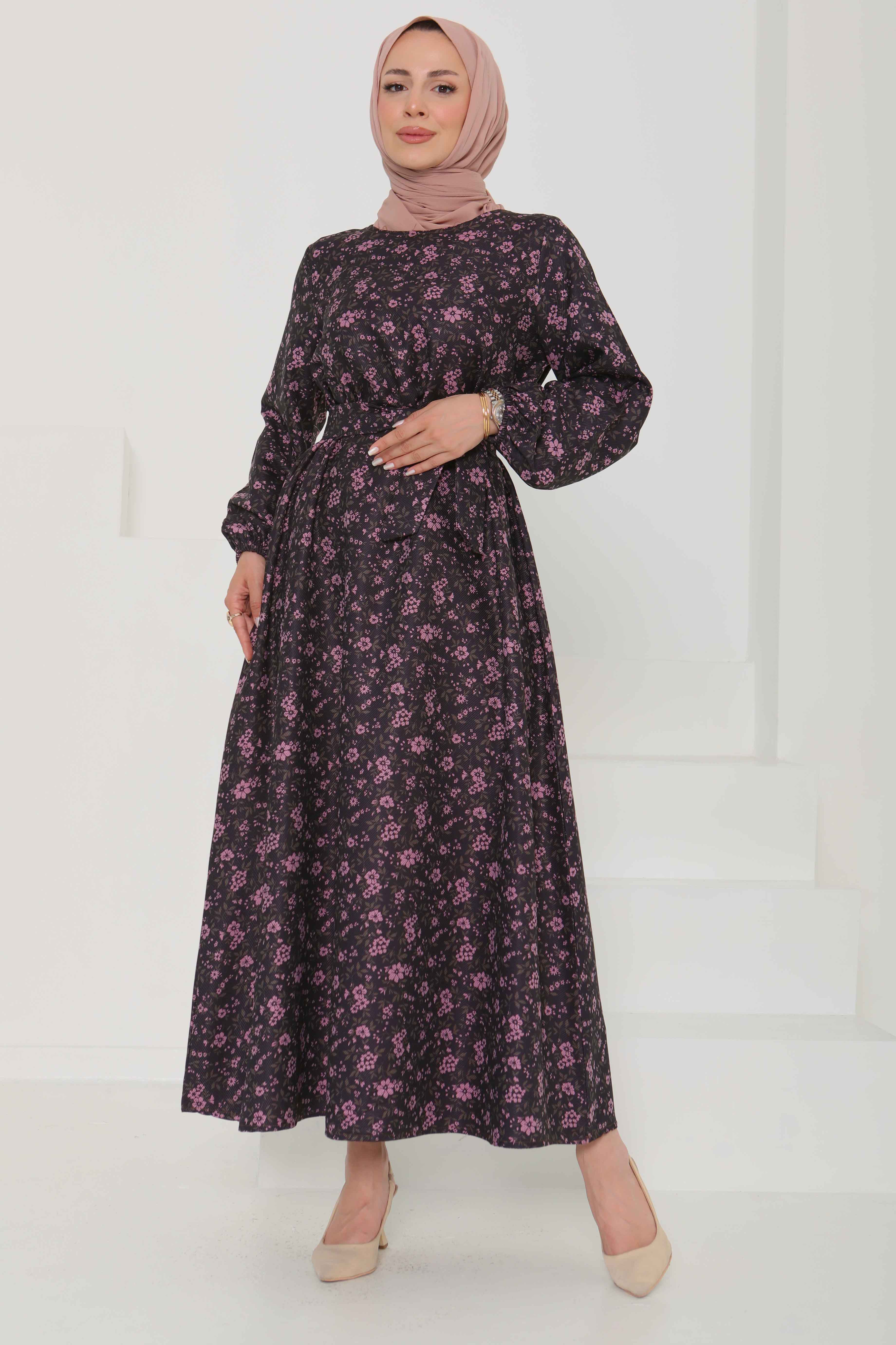 Çiçek Desenli Kuşaklı Elbise - 27102 - 8