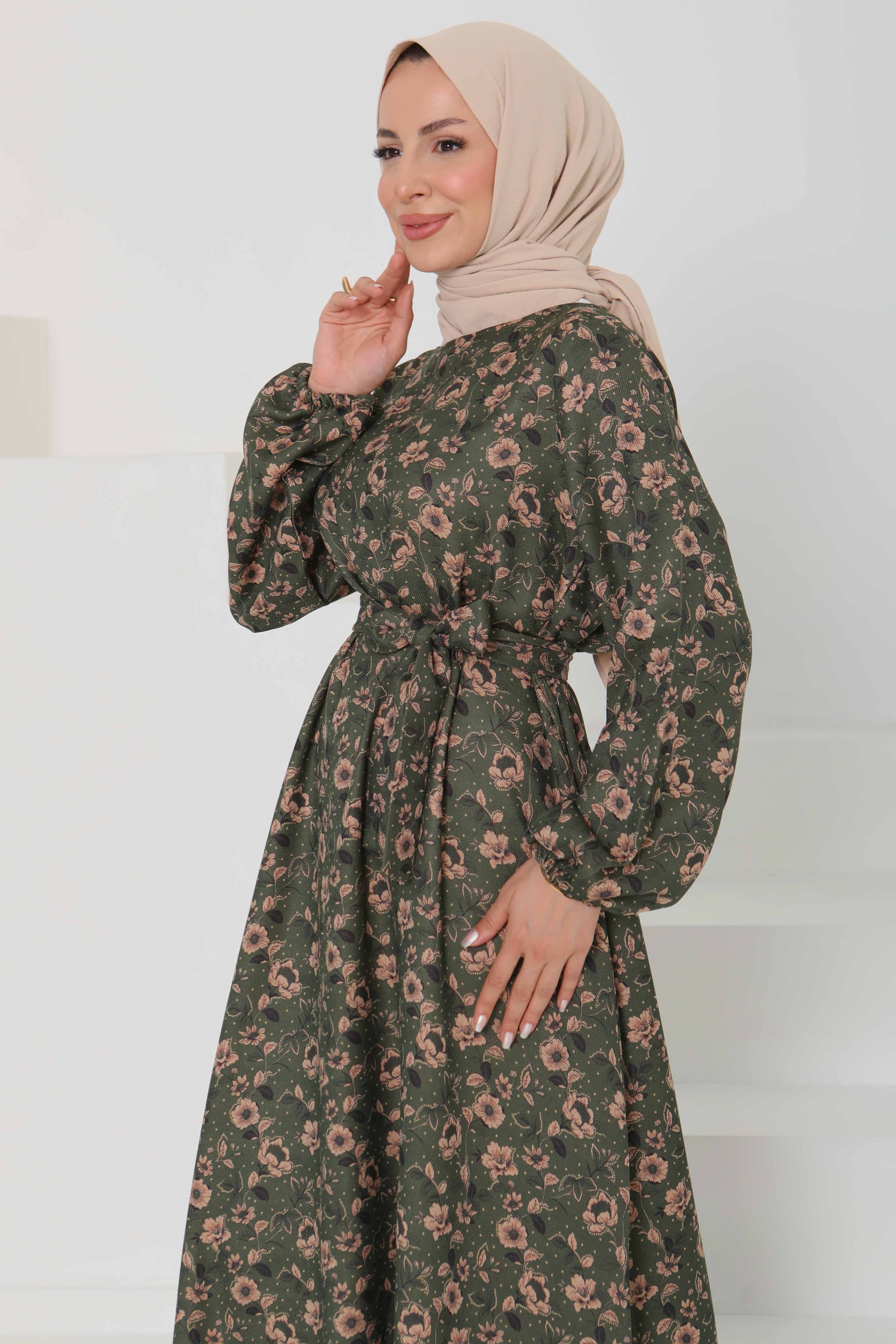 Çiçek Desenli Kuşaklı Elbise - 27103 - 2