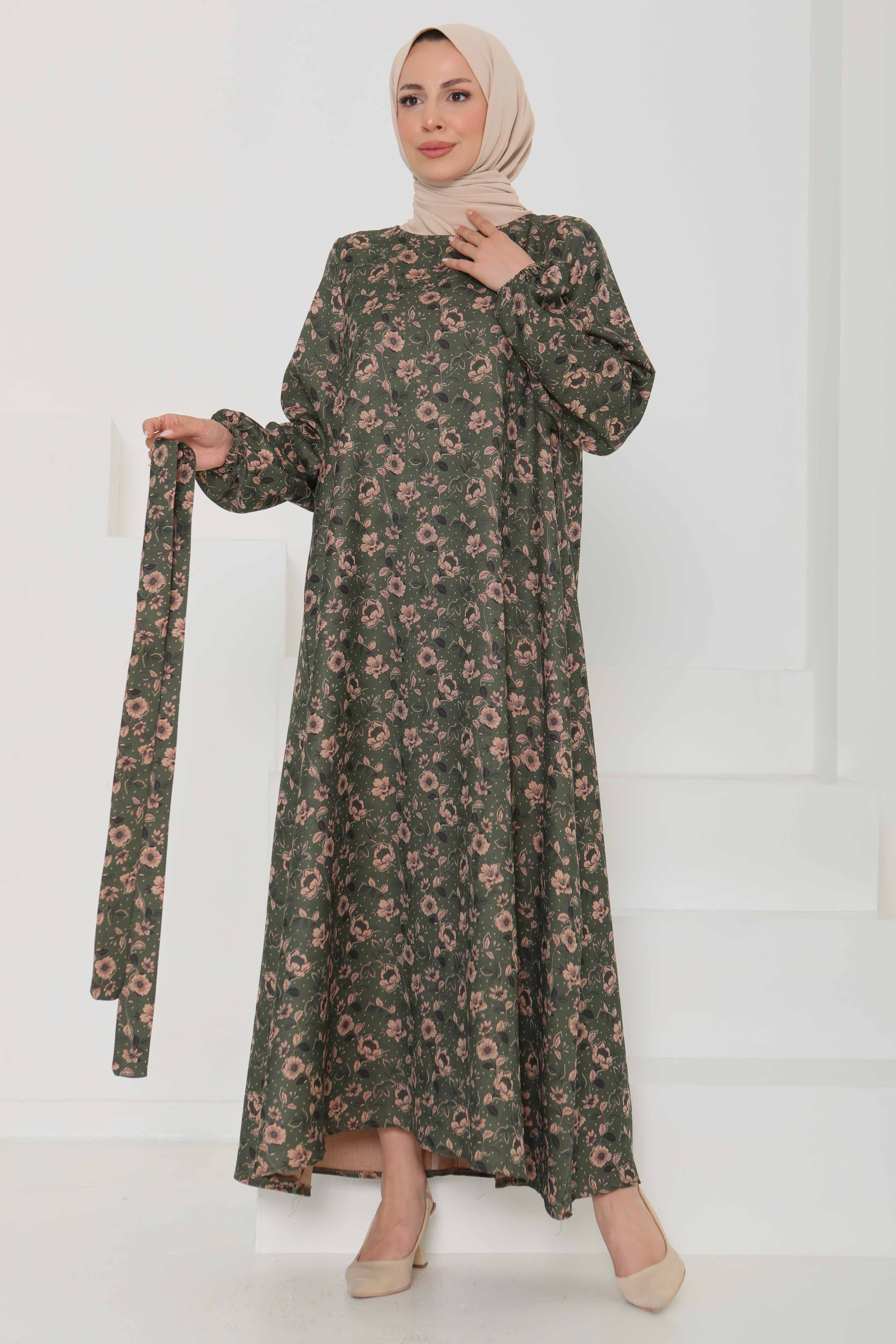 Çiçek Desenli Kuşaklı Elbise - 27103 - 3