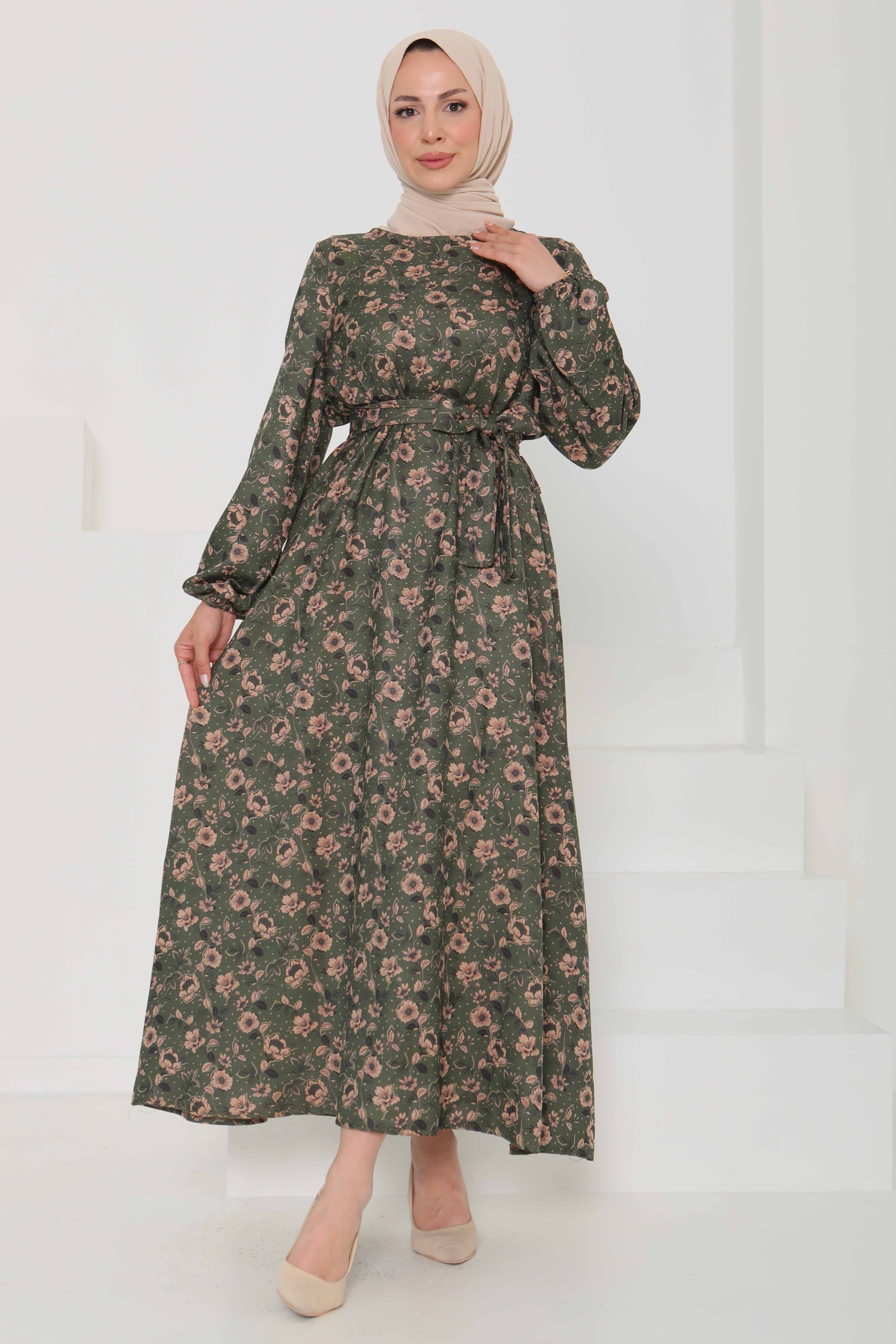 Çiçek Desenli Kuşaklı Elbise - 27103 - 5