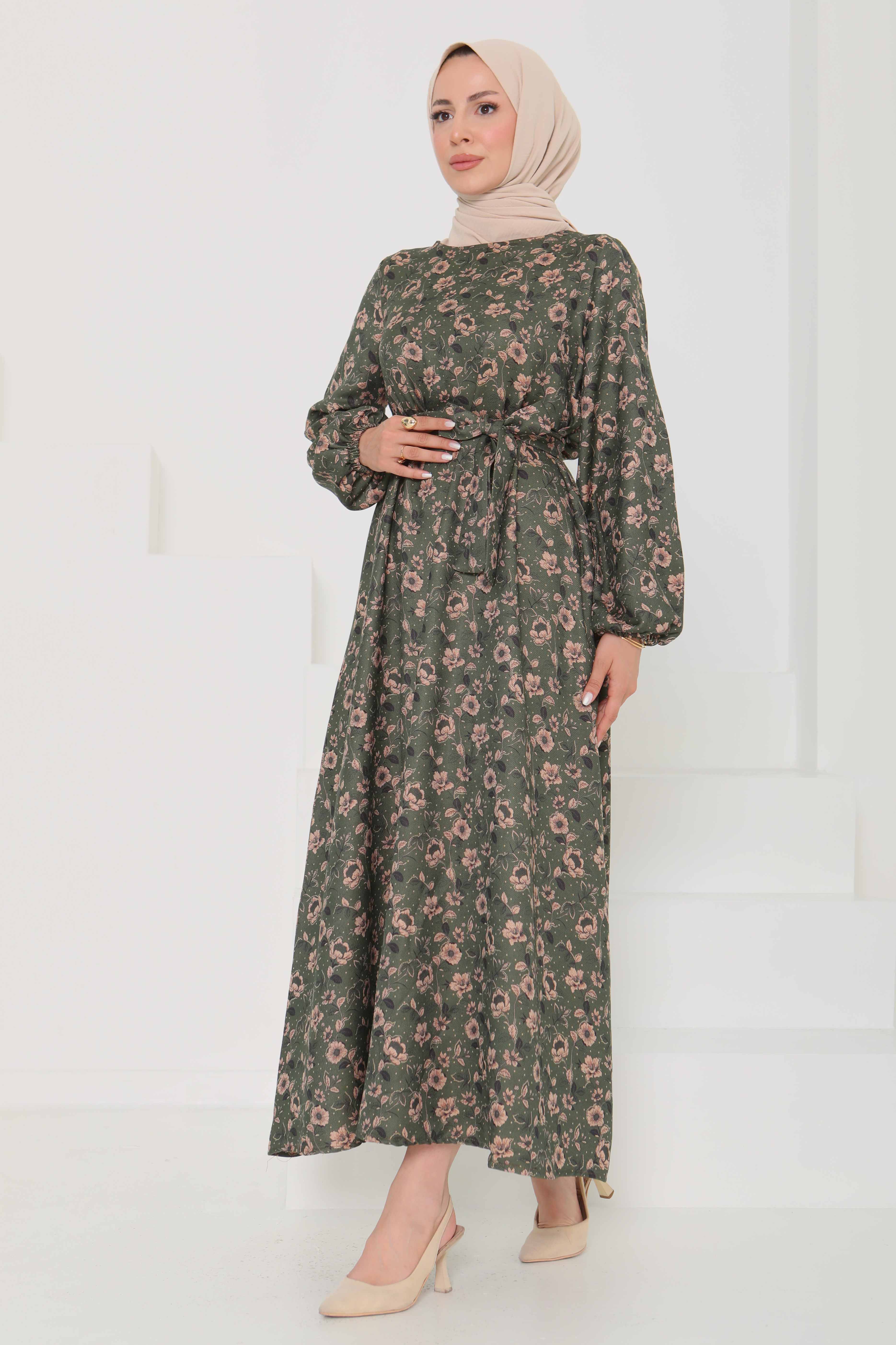 Çiçek Desenli Kuşaklı Elbise - 27103 - 6