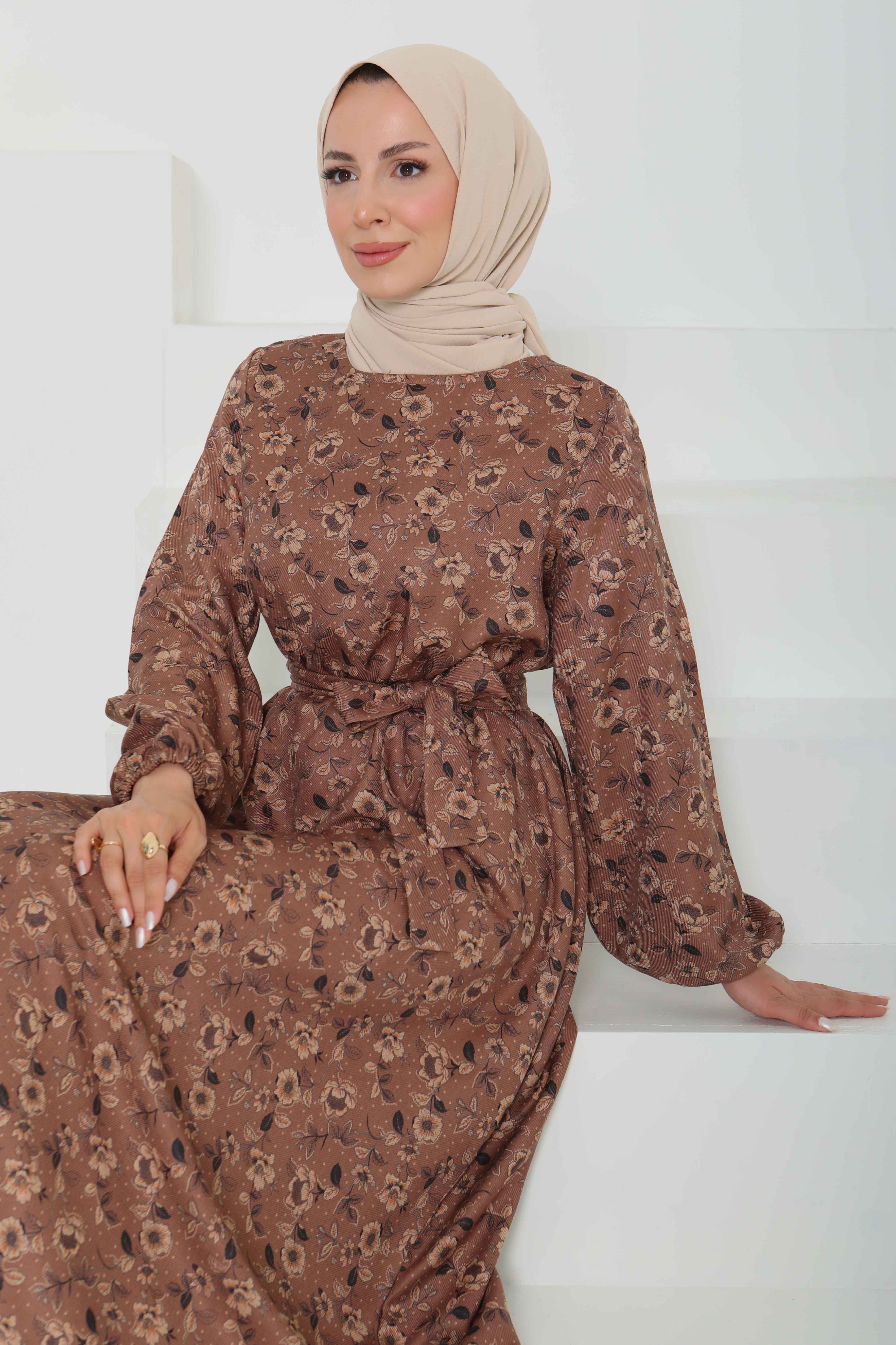 Çiçek Desenli Kuşaklı Elbise - 27103 - 1