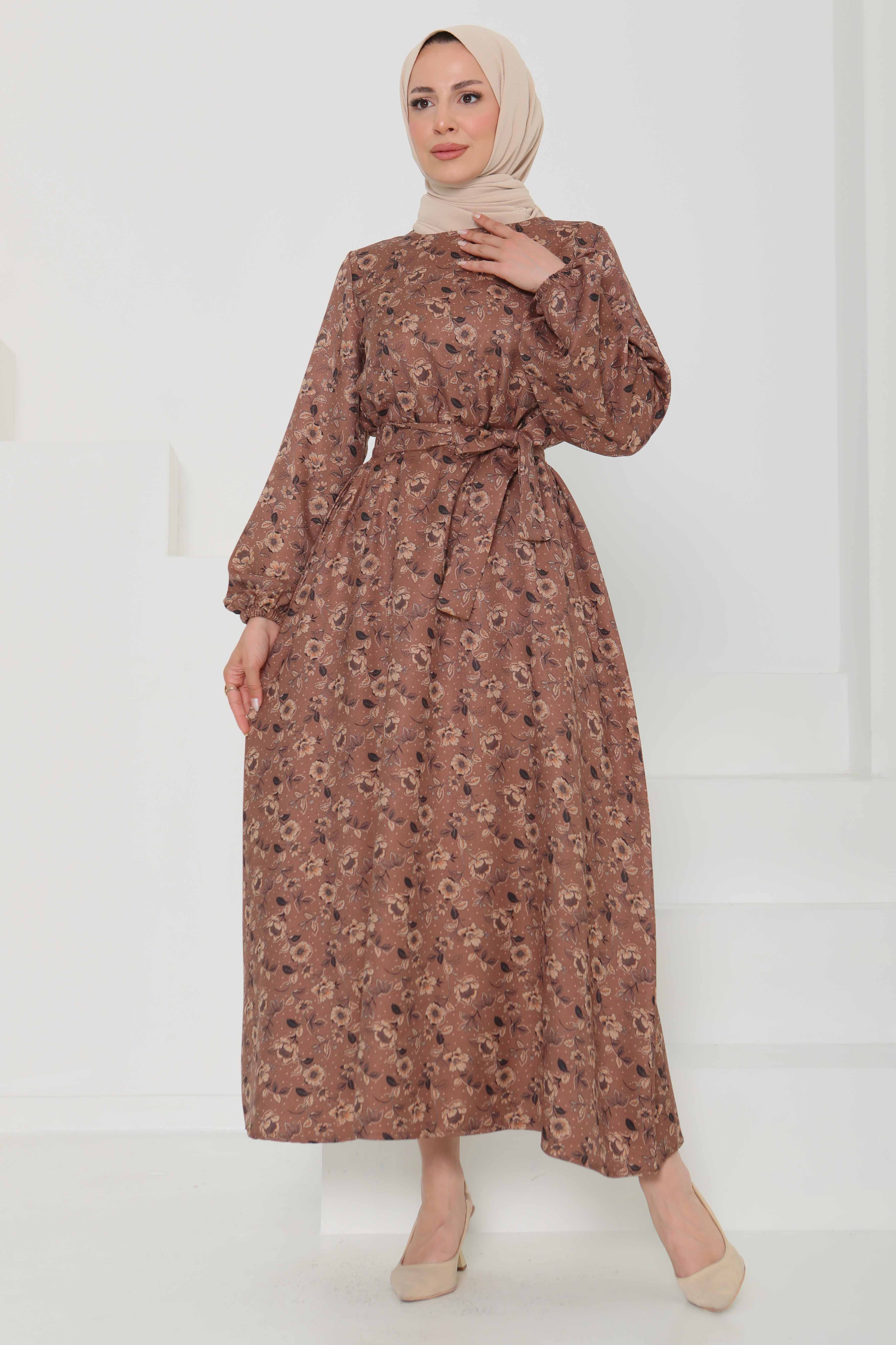 Çiçek Desenli Kuşaklı Elbise - 27103 - 3