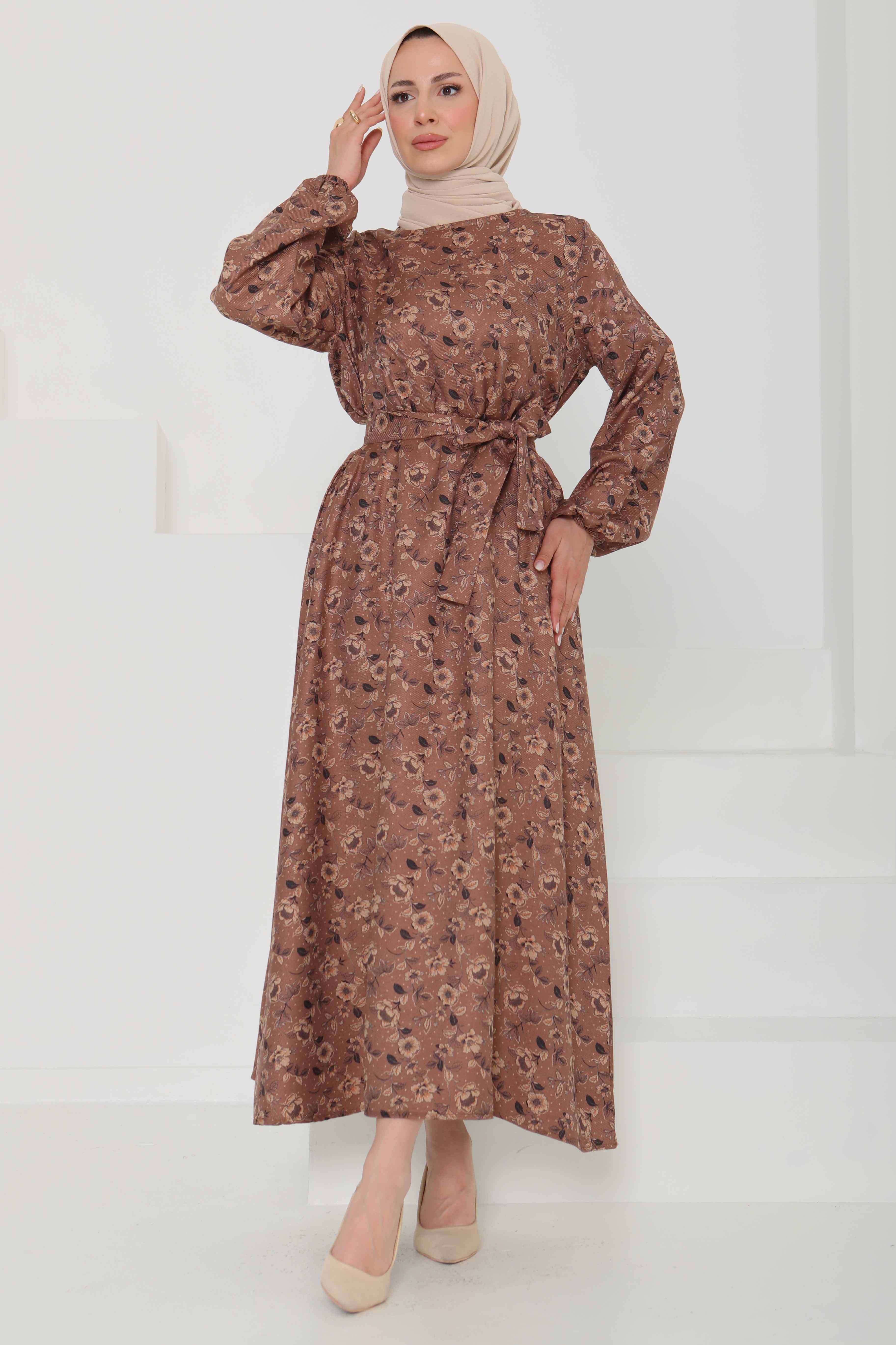 Çiçek Desenli Kuşaklı Elbise - 27103 - 4
