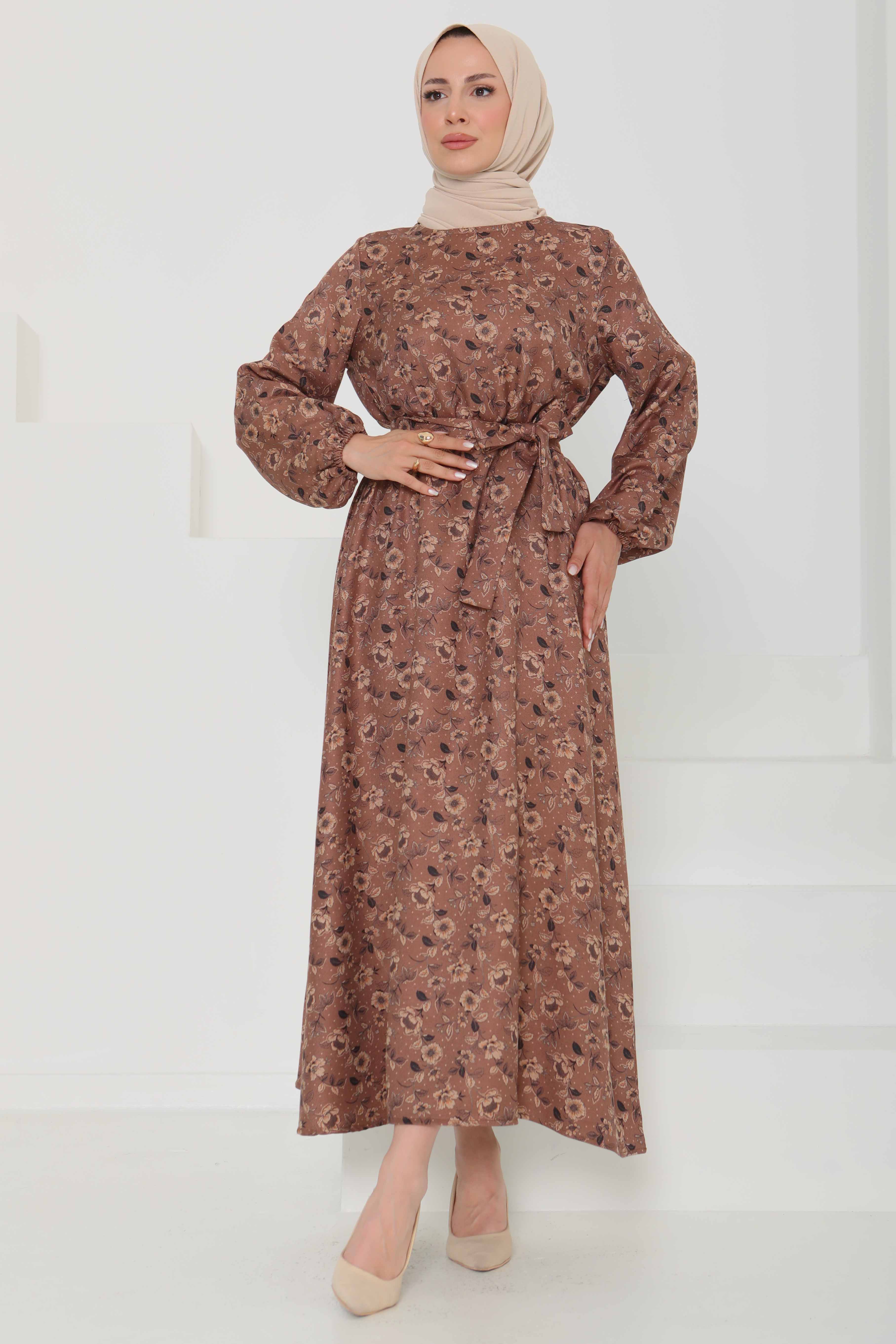 Çiçek Desenli Kuşaklı Elbise - 27103 - 5