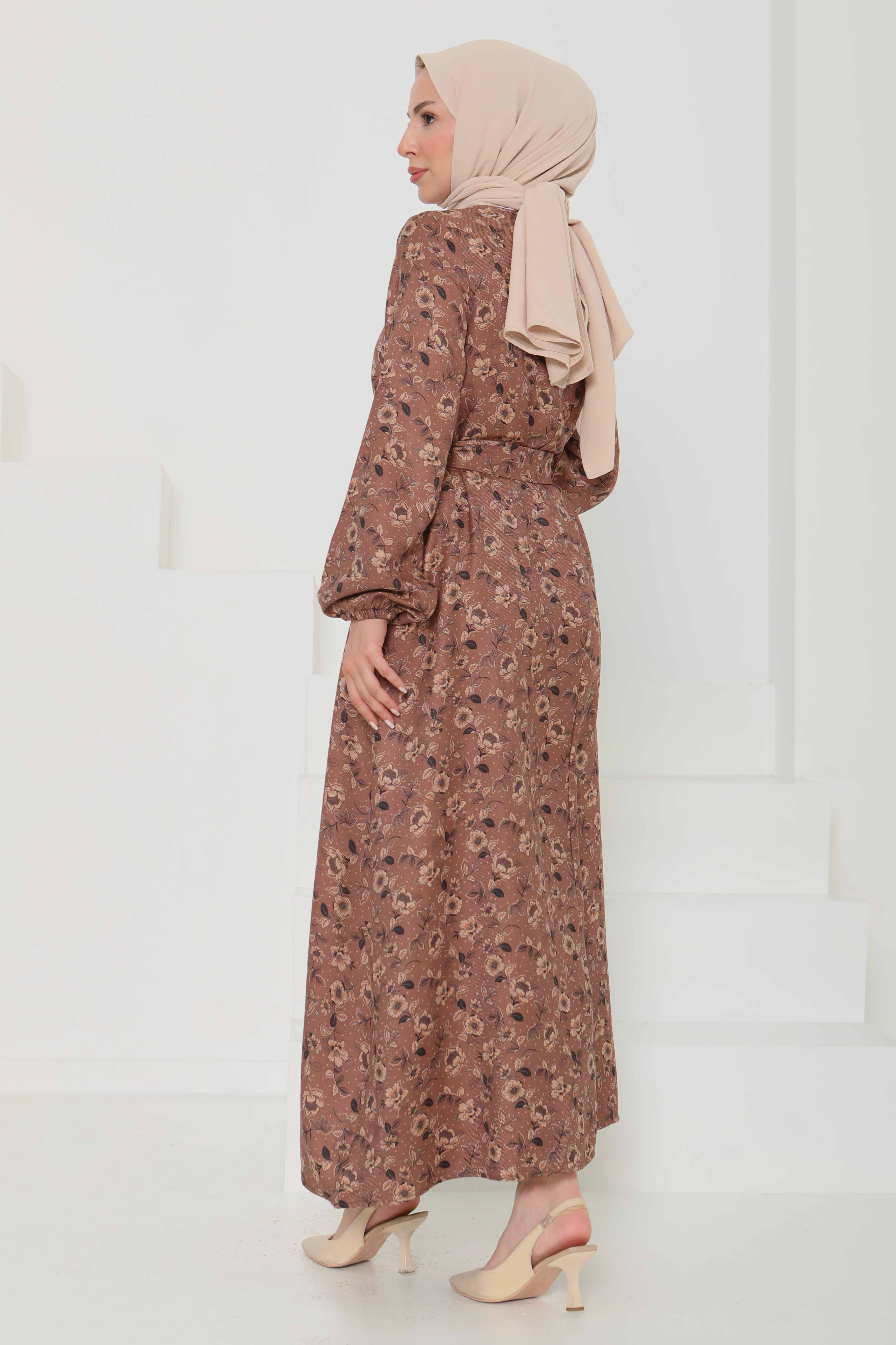 Çiçek Desenli Kuşaklı Elbise - 27103 - 7