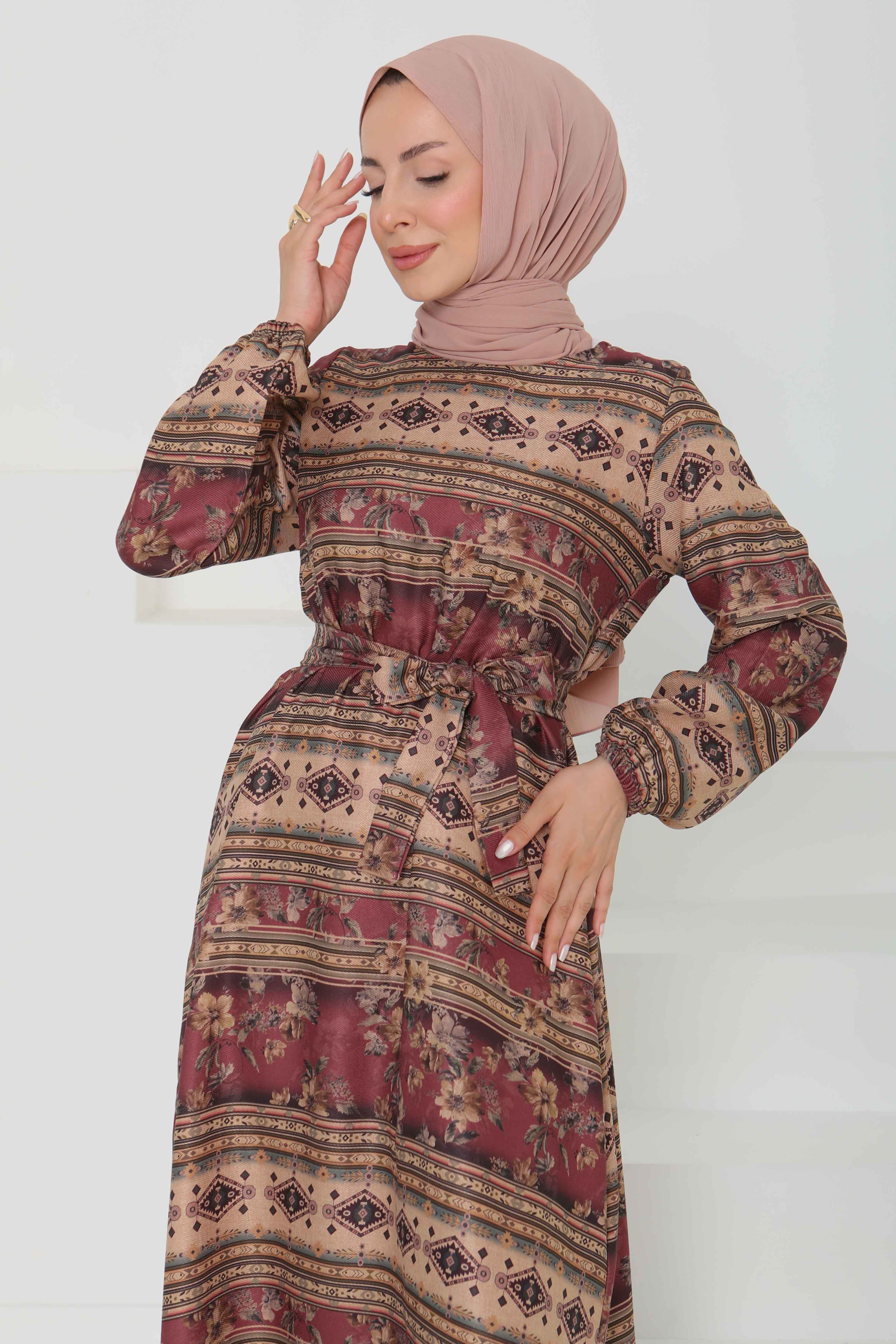 Çiçek Desenli Kuşaklı Elbise - 27105 - 5