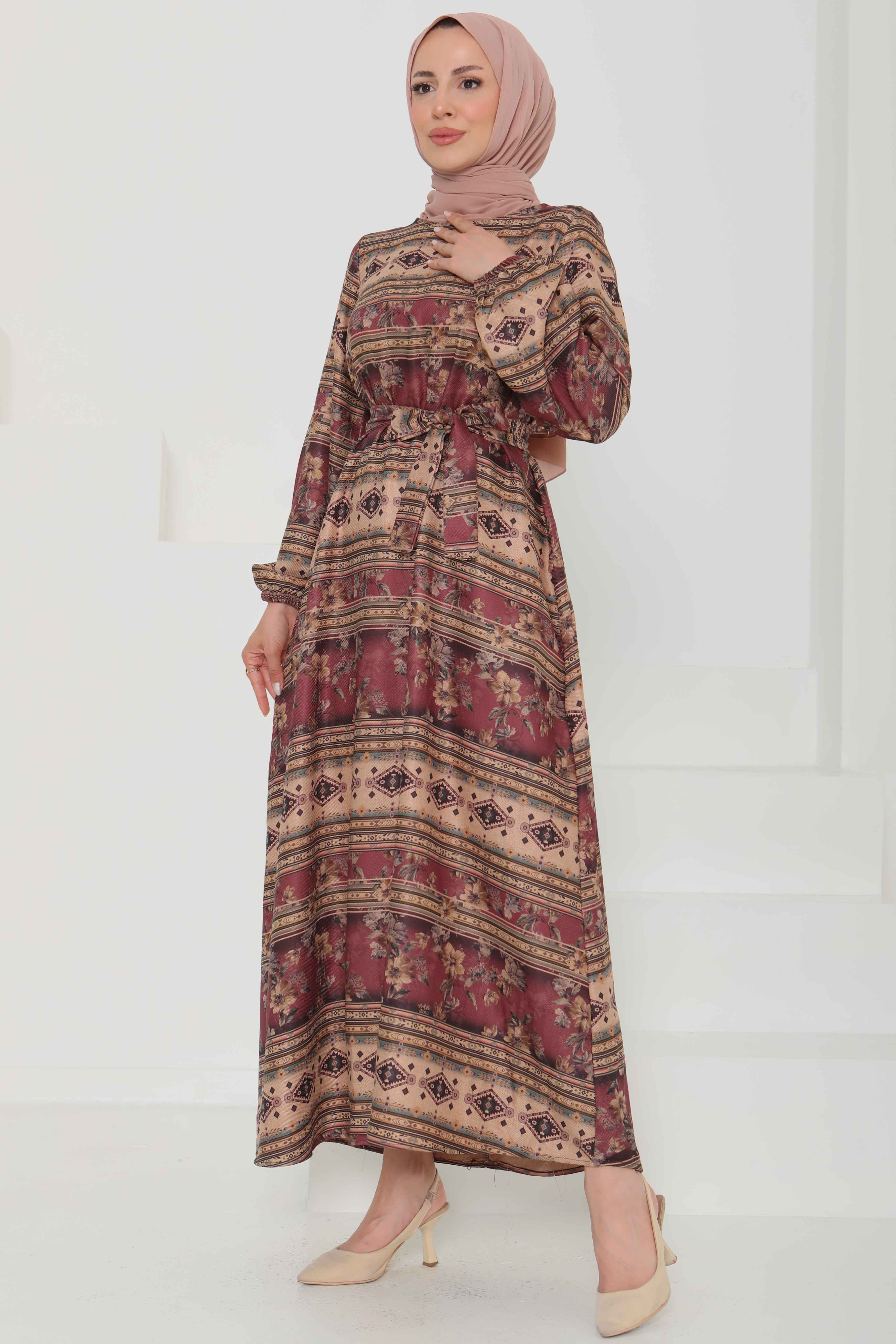 Çiçek Desenli Kuşaklı Elbise - 27105 - 7