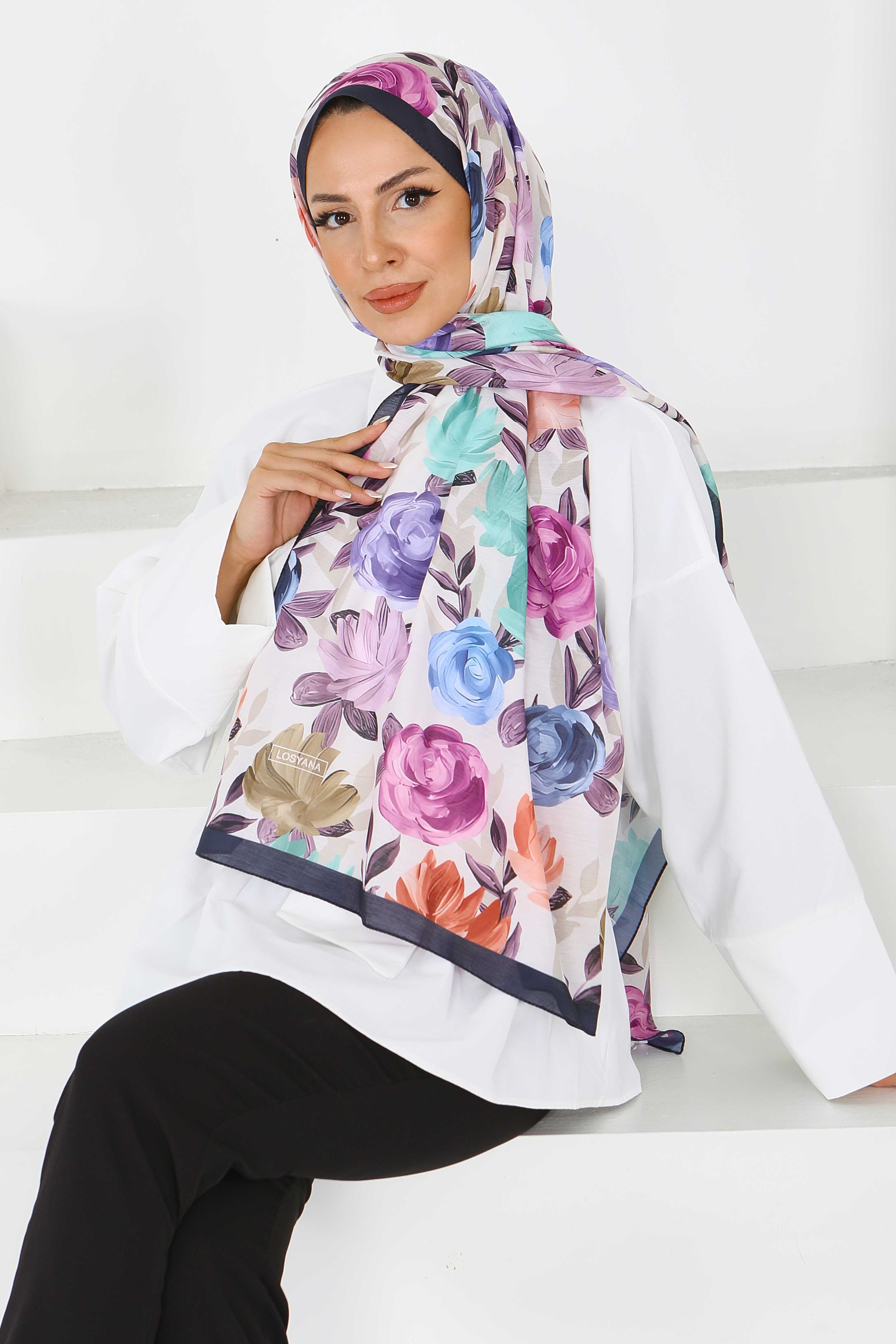 Çiçek Desenli Şal - 27594 - 3