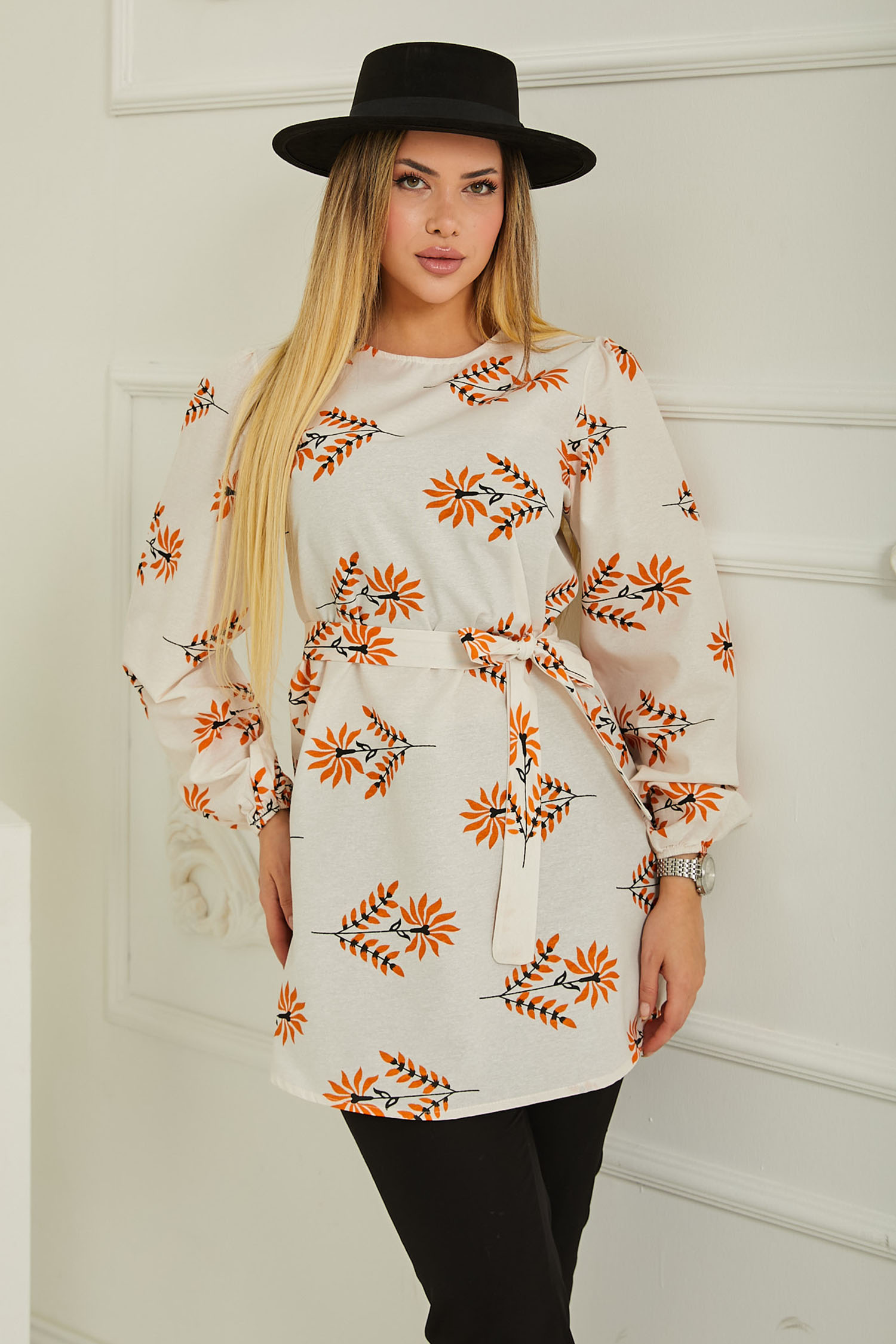 Çicek Desenli Tunik Turuncu - 26729 - 1