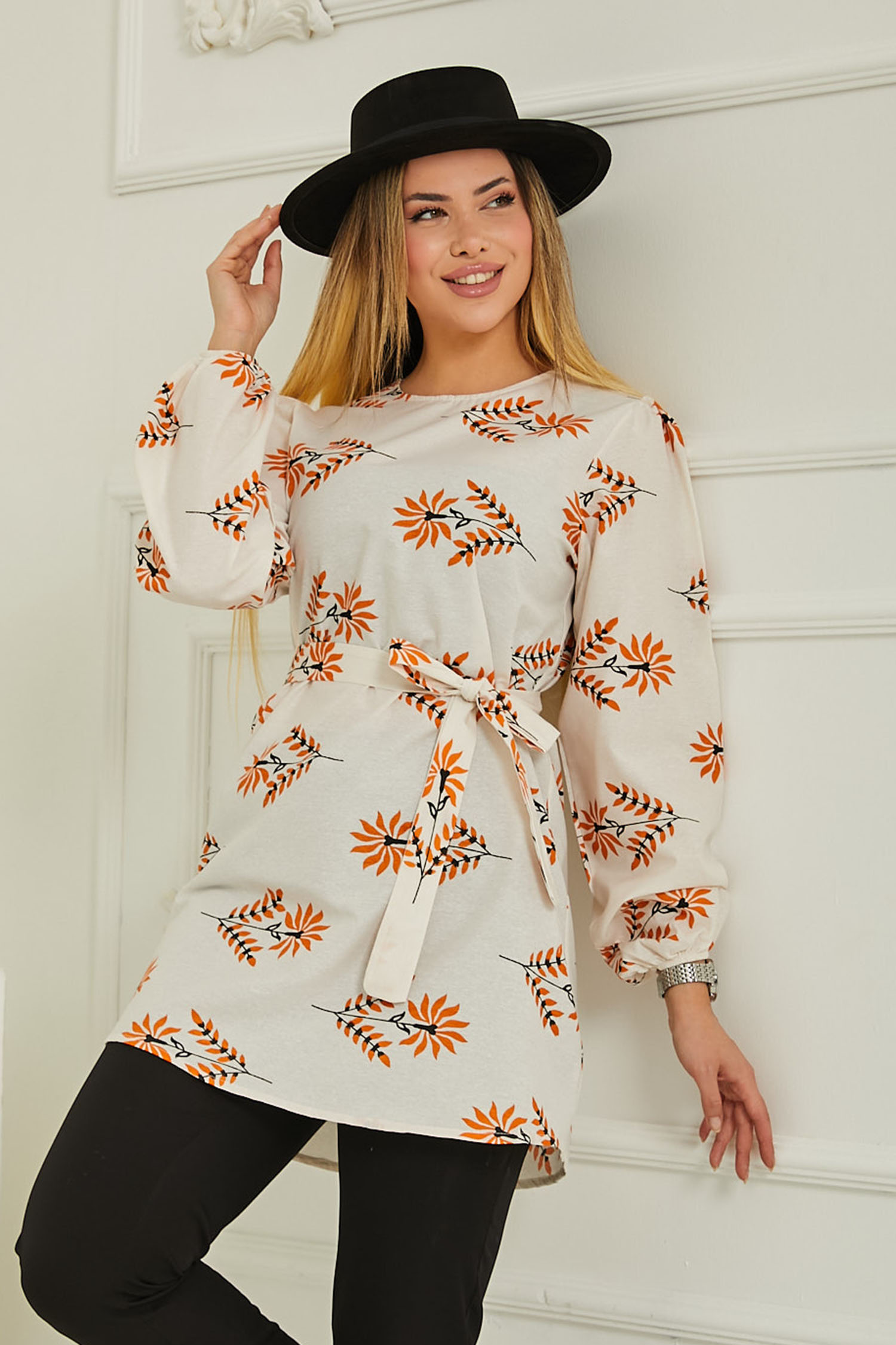 Çicek Desenli Tunik Turuncu - 26729 - 4