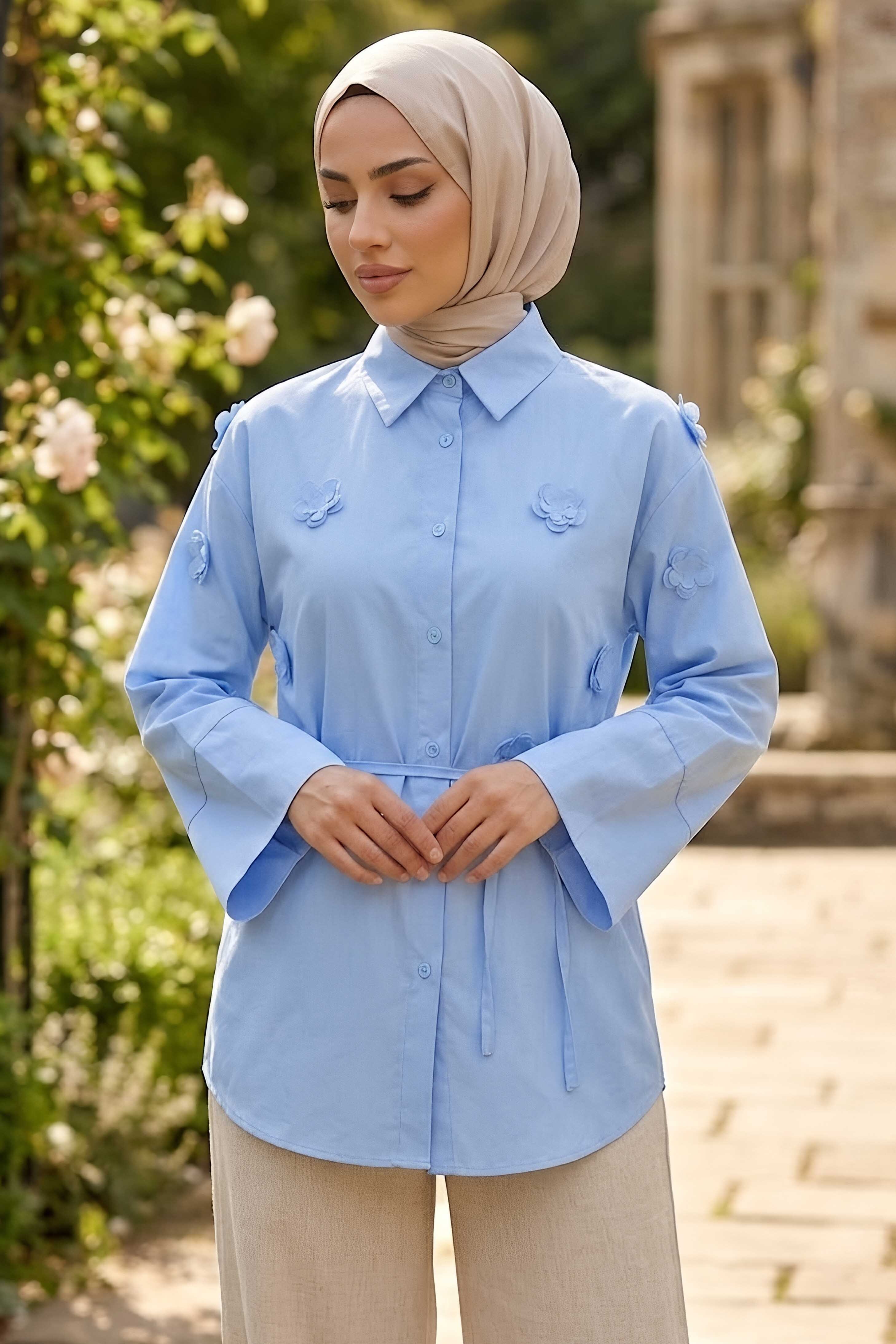 Çiçek Detaylı Gömlek Bebe Mavi - 28574-BEBE-MAVI - 2