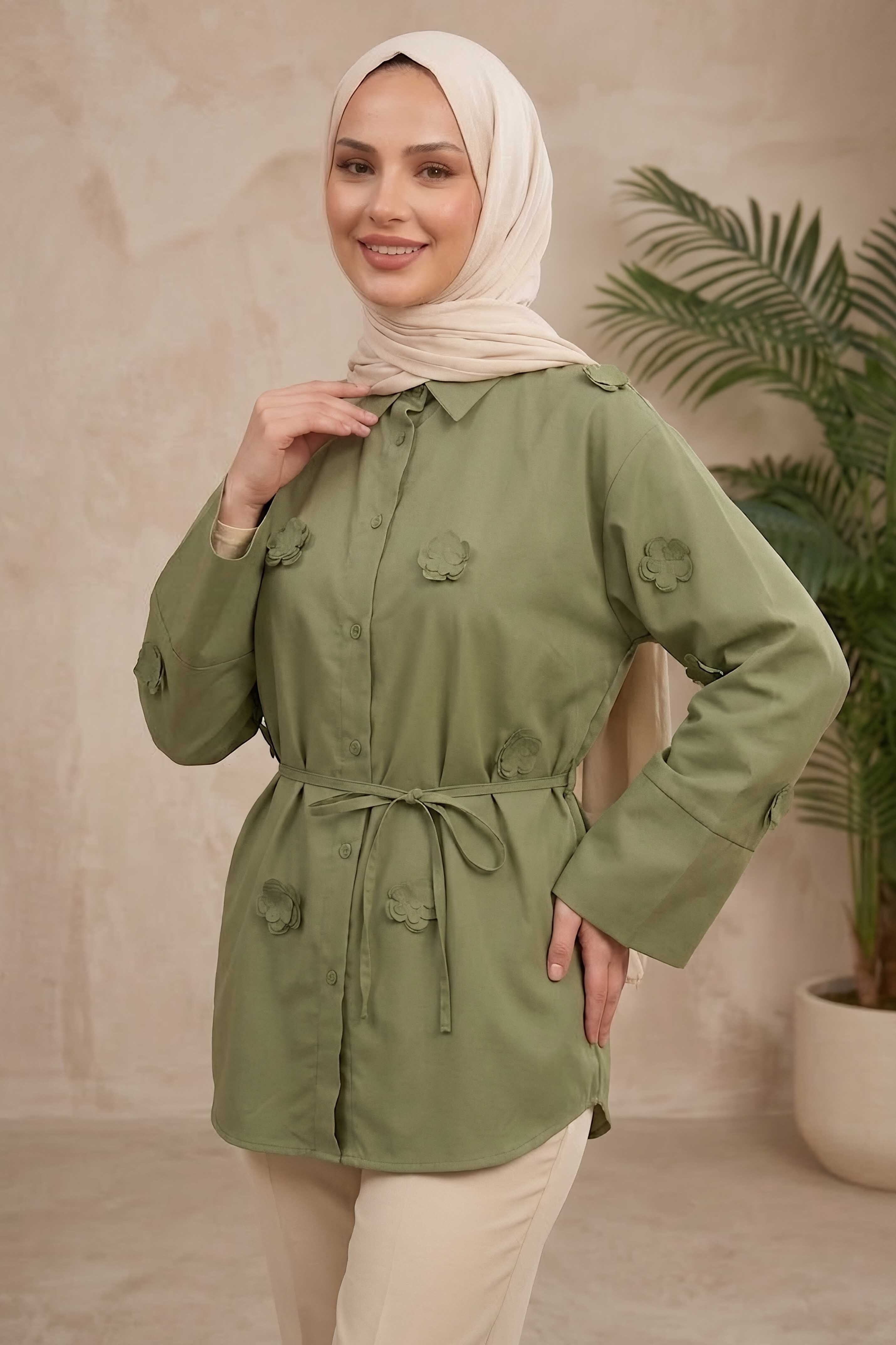 Çiçek Detaylı Gömlek Haki - 28574-HAKI - 2