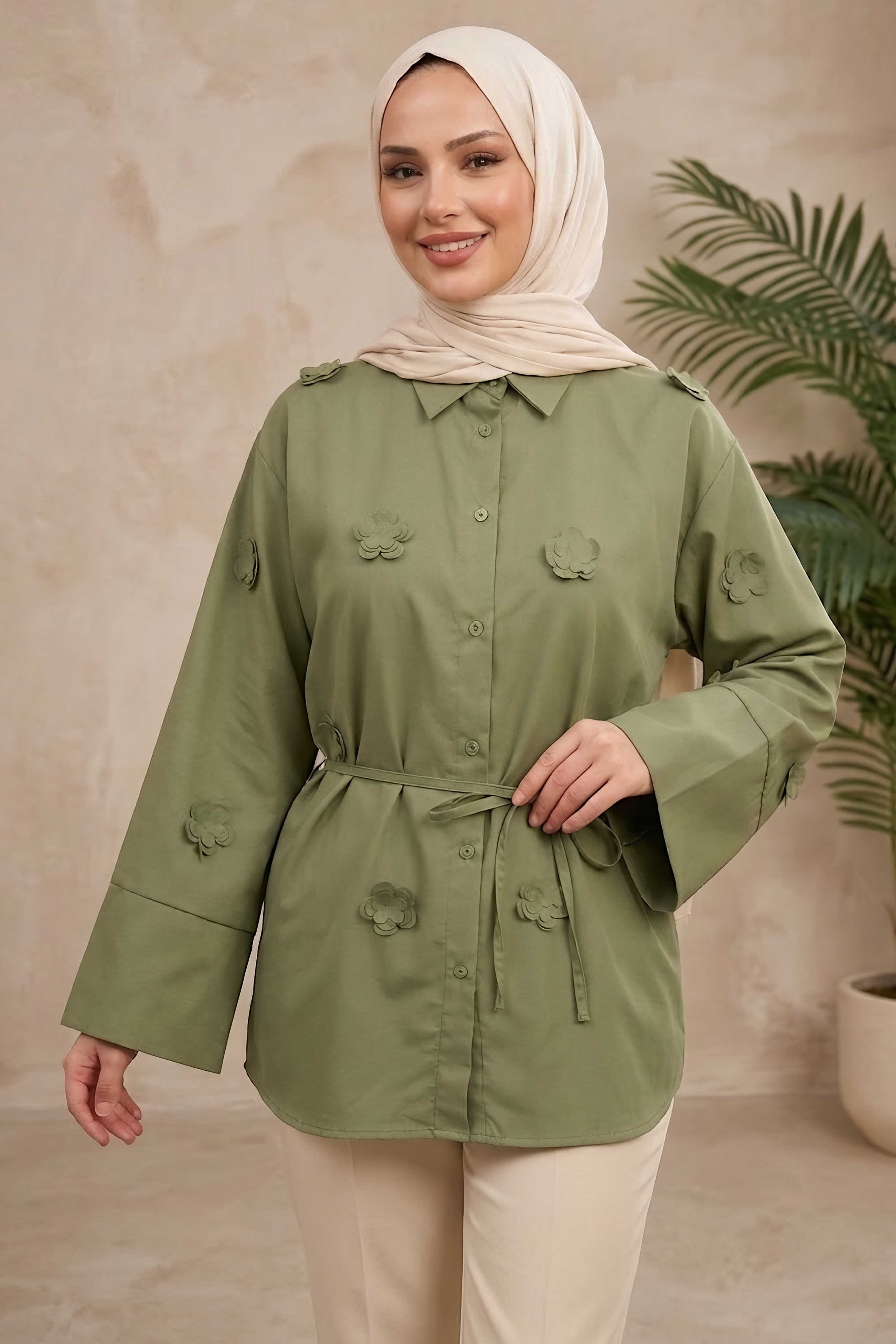 Çiçek Detaylı Gömlek Haki - 28574-HAKI - 1