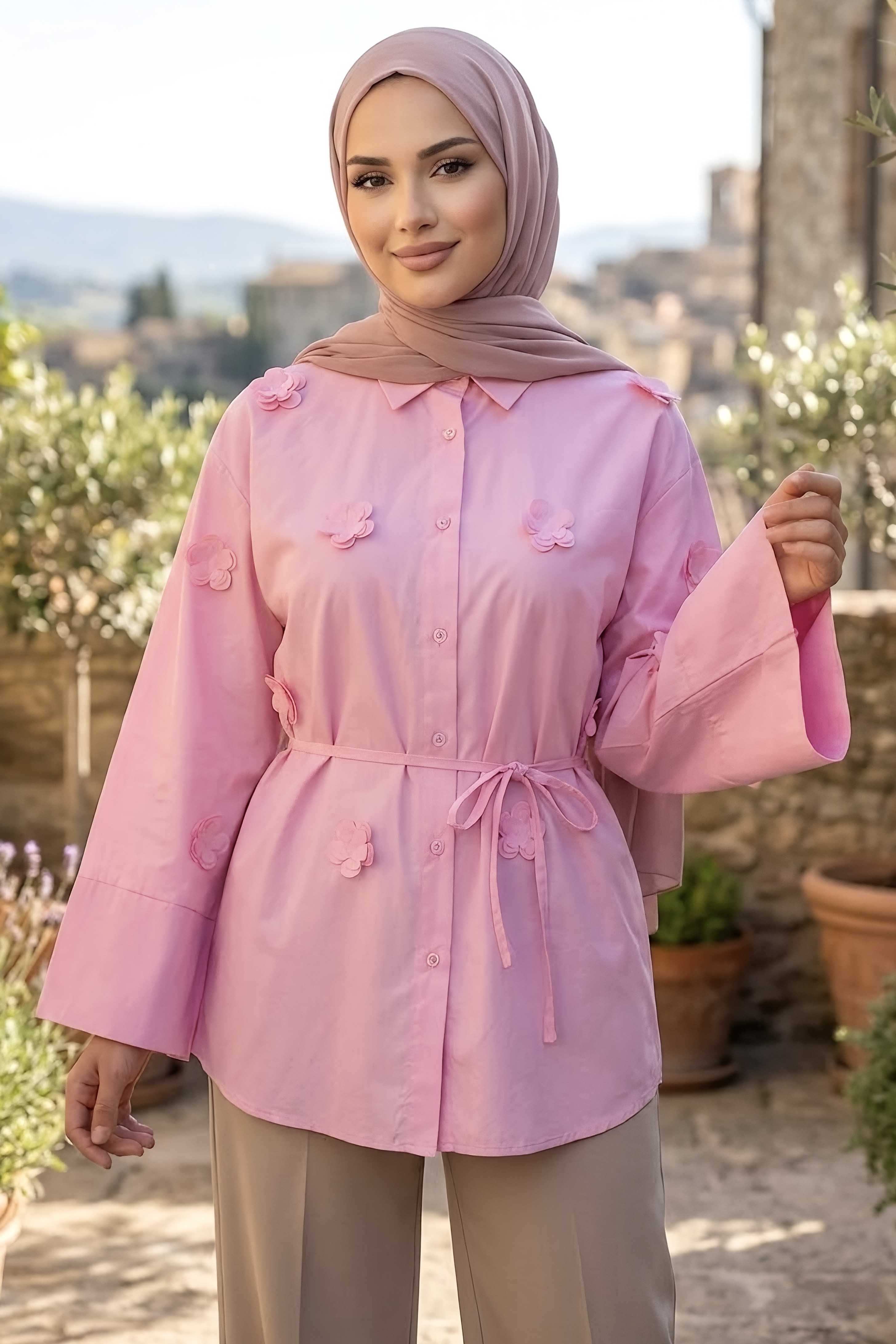 Çiçek Detaylı Gömlek Pembe - 28574-PEMBE - 2