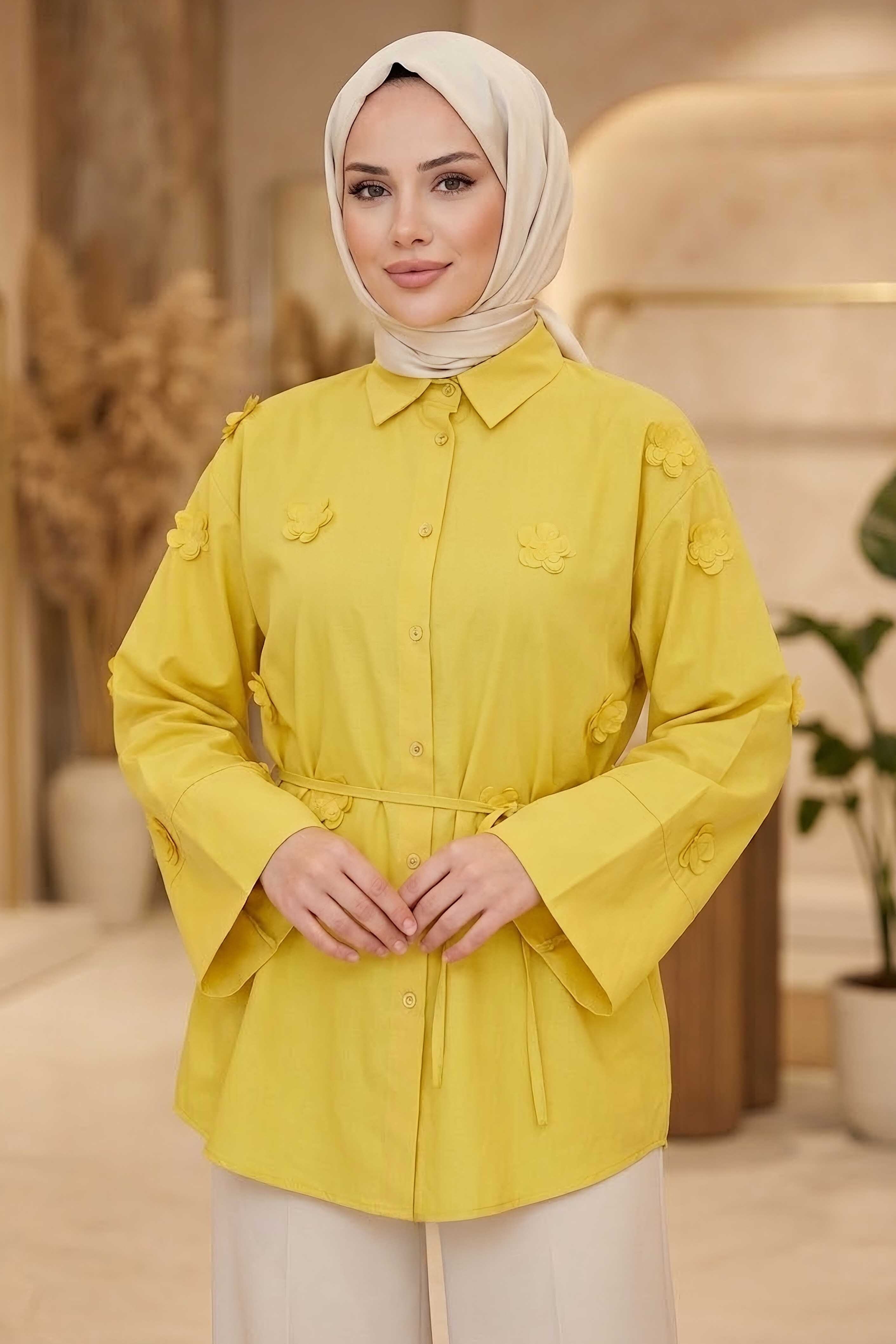 Çiçek Detaylı Gömlek Sari - 28574-SARI - 1