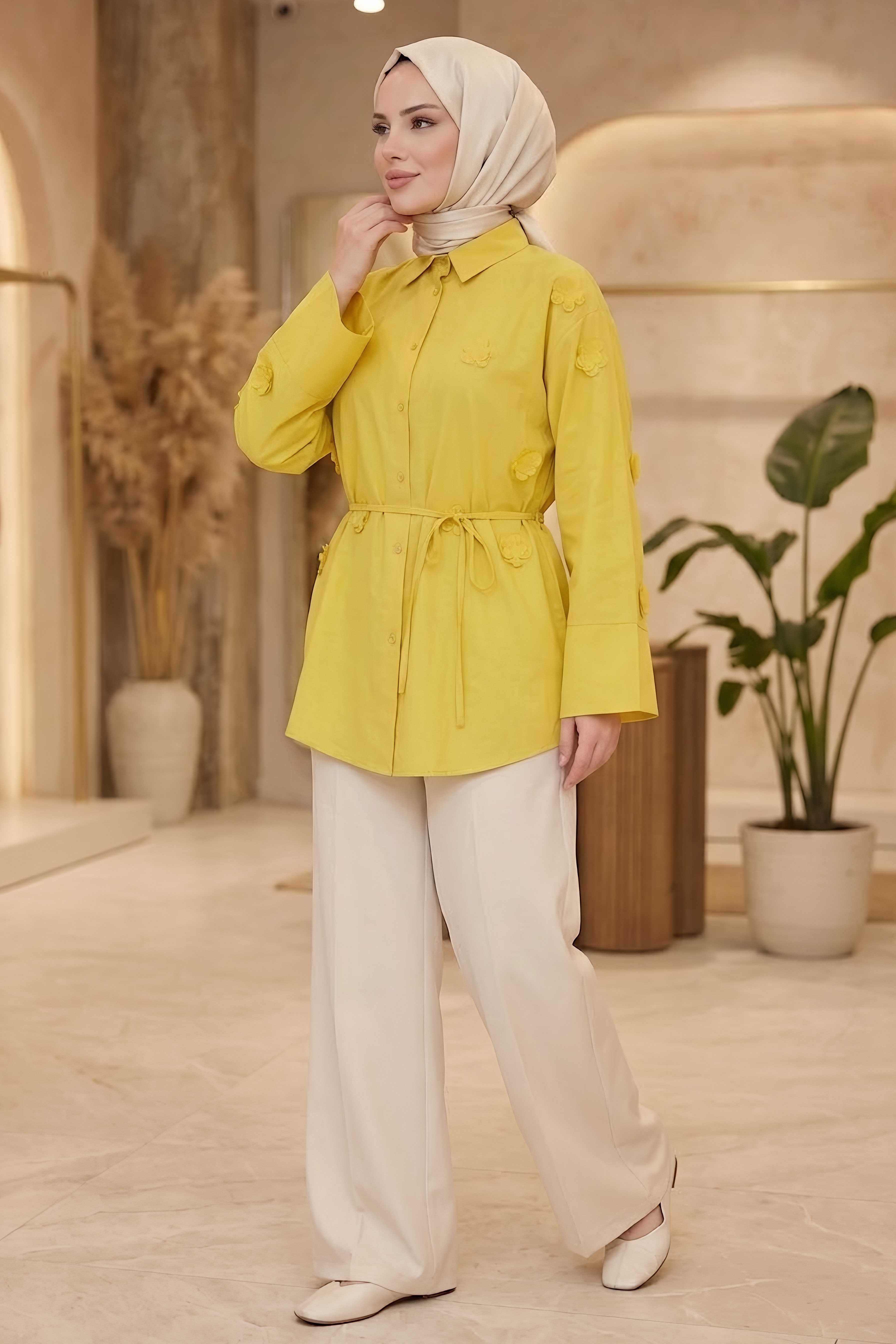 Çiçek Detaylı Gömlek Sari - 28574-SARI - 2