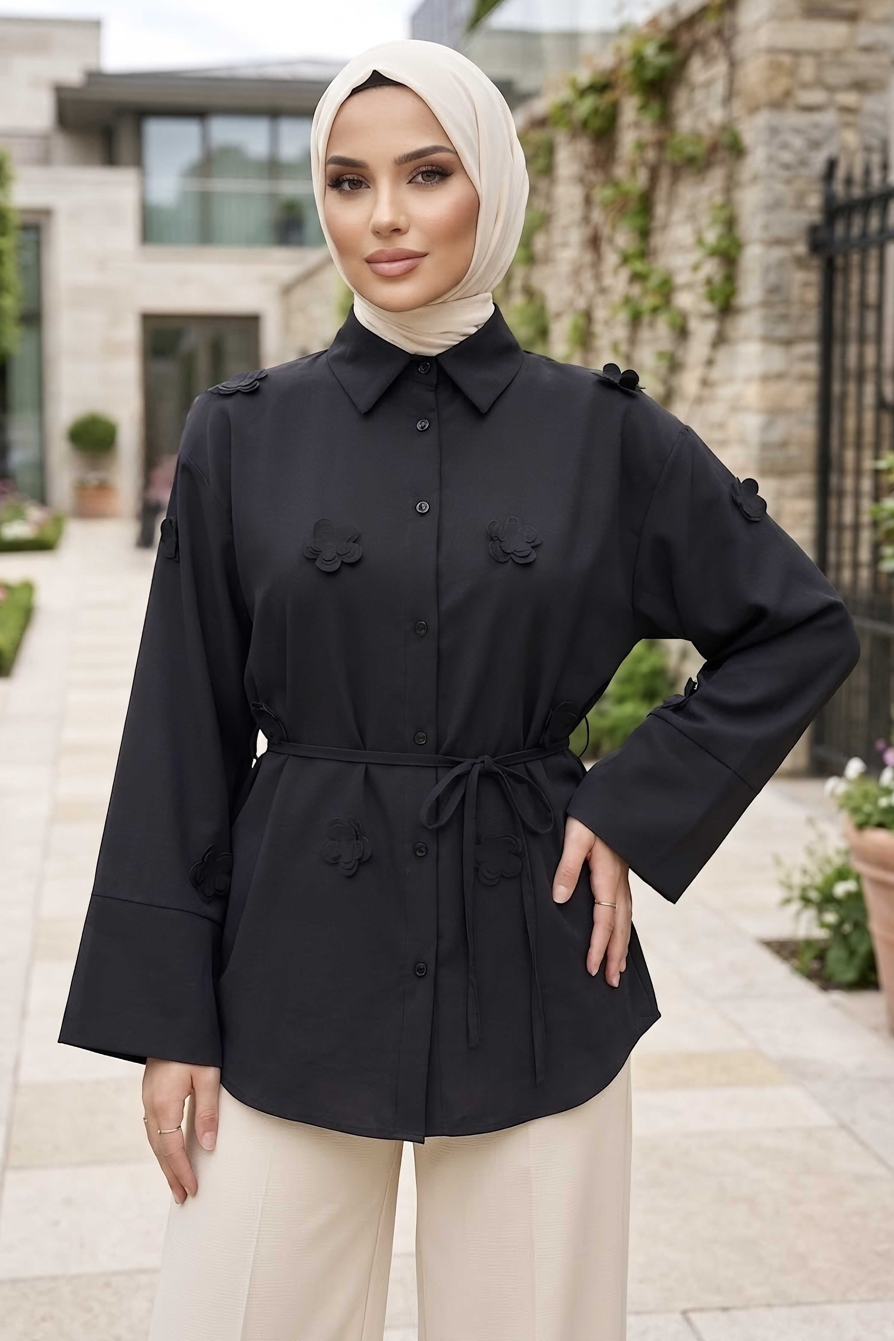 Çiçek Detaylı Gömlek Siyah - 28574-SIYAH - 1
