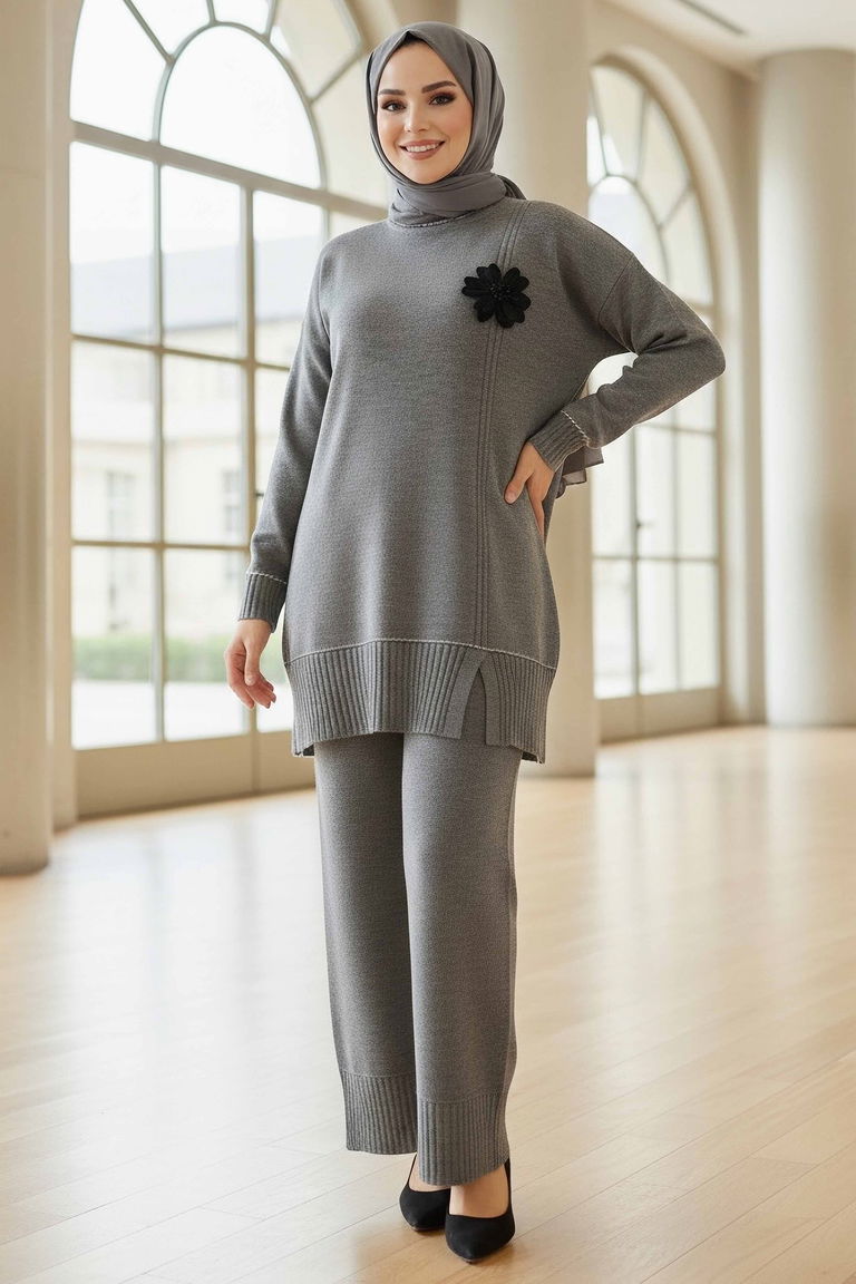 Çiçek Detaylı Triko İkili Takım - 28125-ANTRASIT - TOFİSA