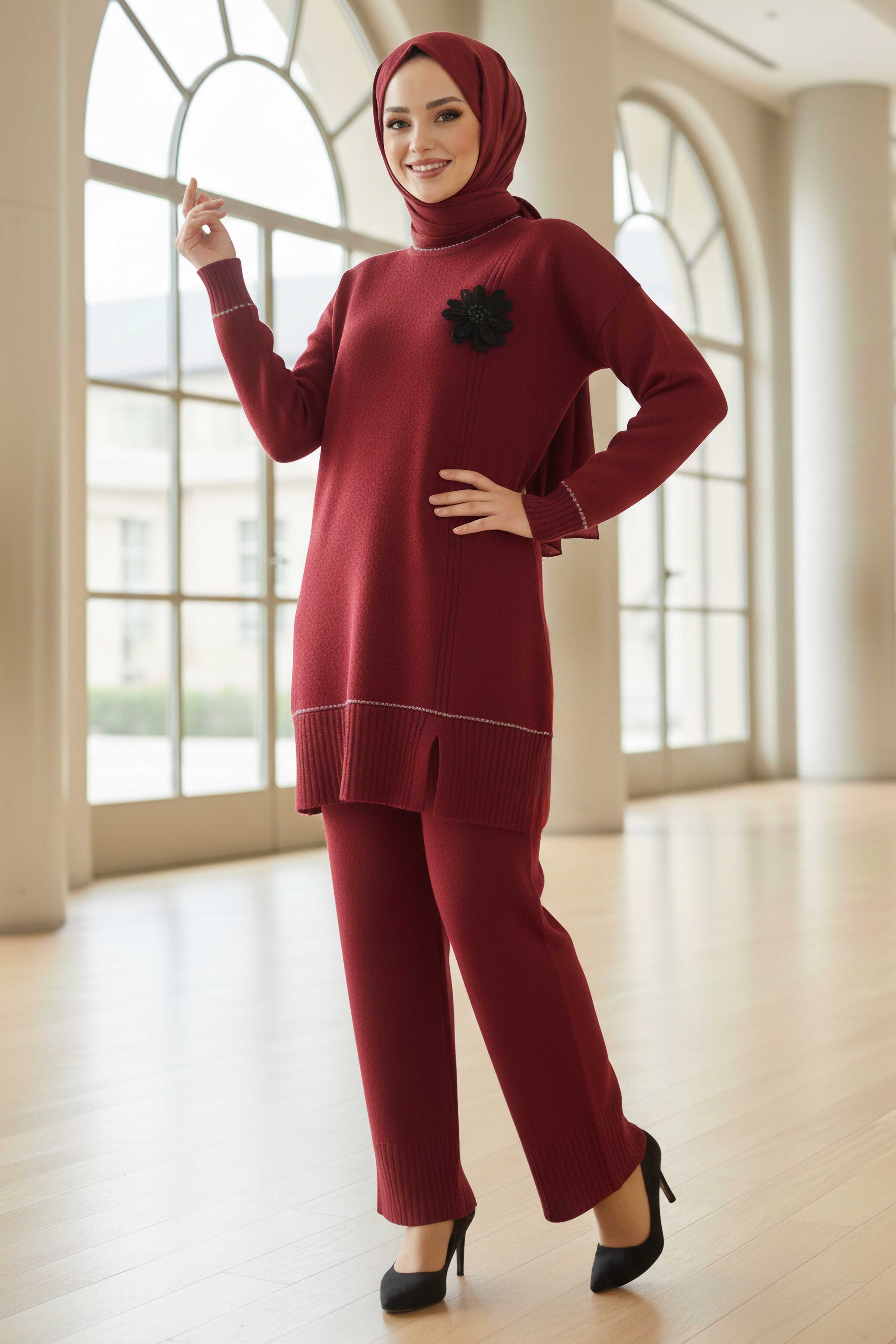 Çiçek Detaylı Triko İkili Takım - 28125-BORDO - 1