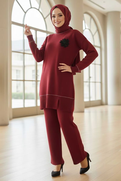 Çiçek Detaylı Triko İkili Takım - 28125-BORDO 