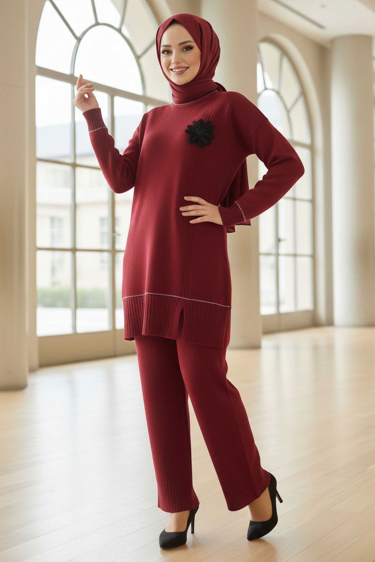 Çiçek Detaylı Triko İkili Takım - 28125-BORDO - TOFİSA