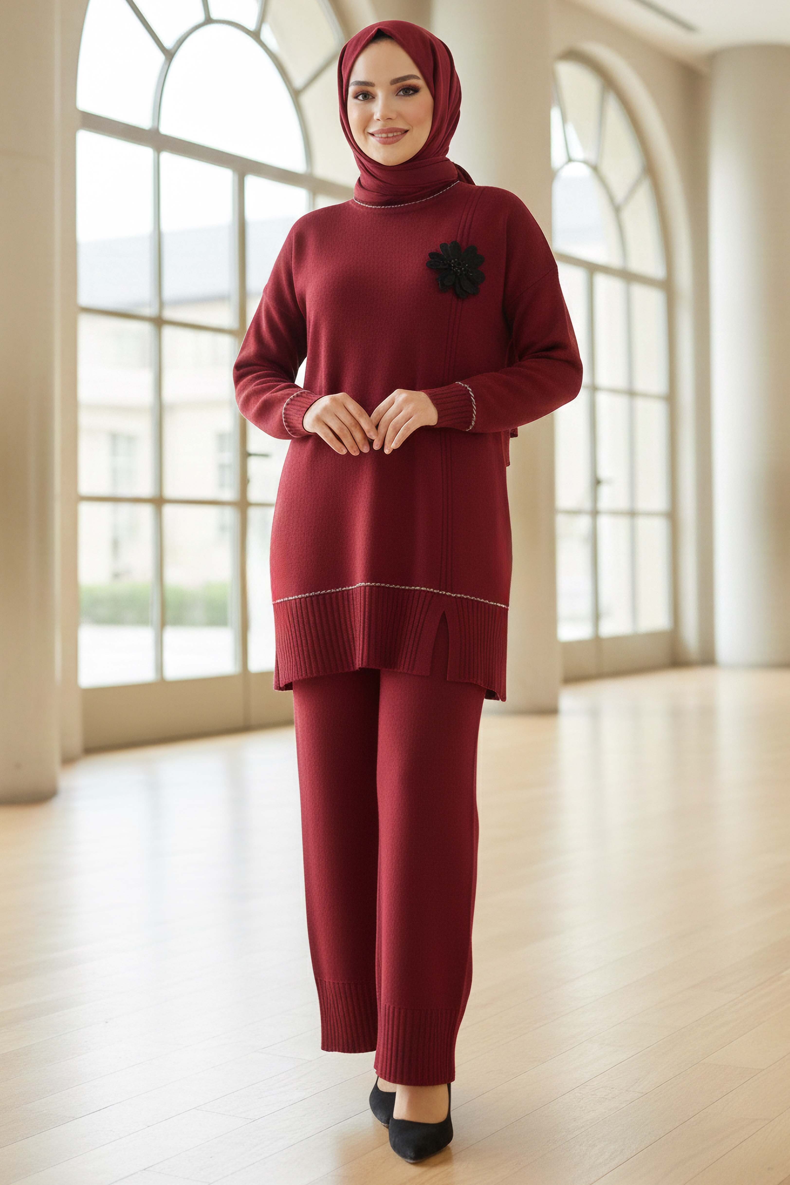 Çiçek Detaylı Triko İkili Takım - 28125-BORDO - 2