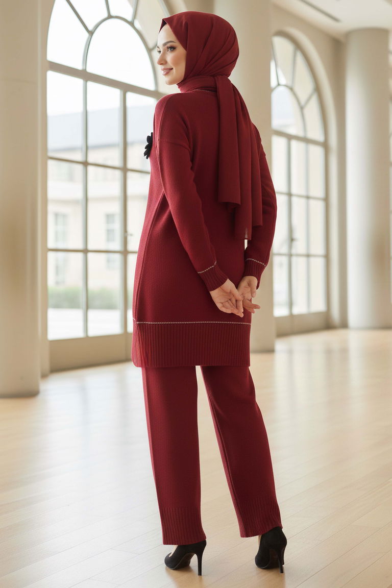 Çiçek Detaylı Triko İkili Takım - 28125-BORDO - TOFİSA