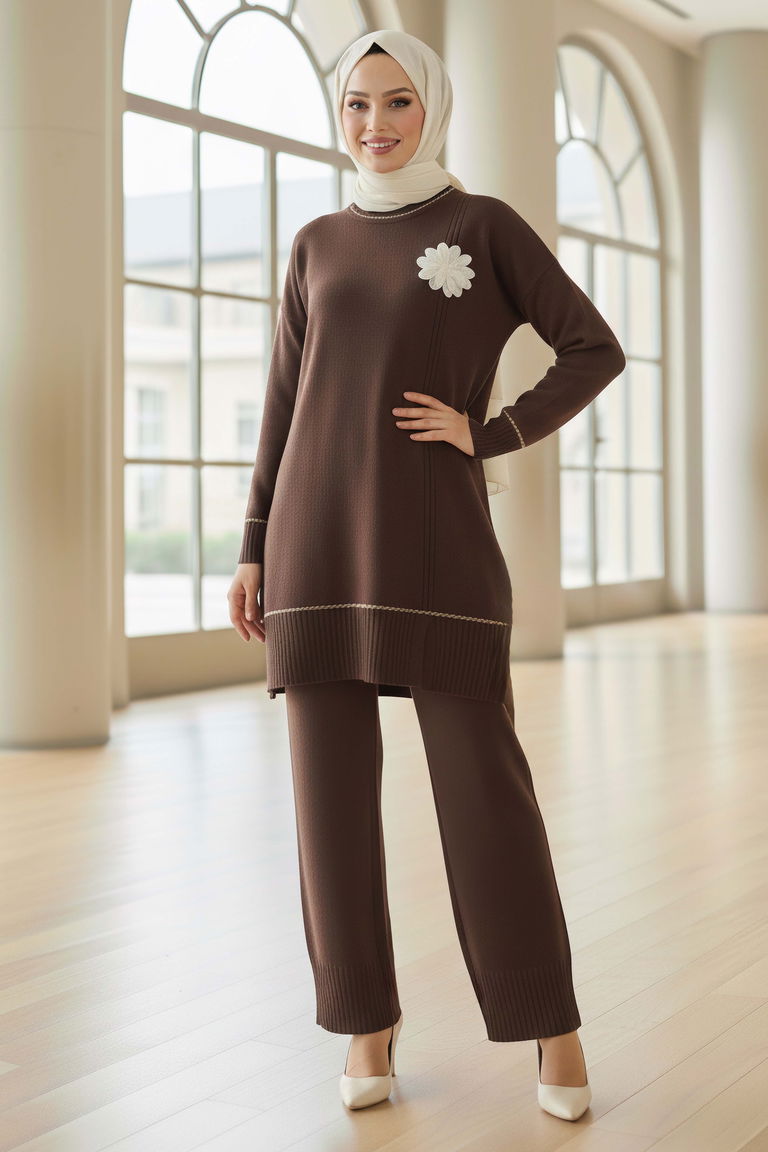 Çiçek Detaylı Triko İkili Takım - 28125-KAHVE - TOFİSA