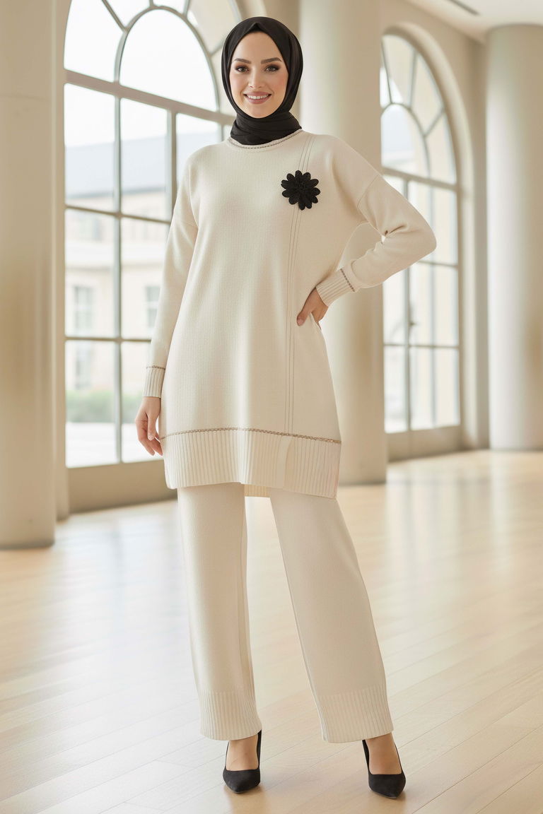 Çiçek Detaylı Triko İkili Takım - 28125-KREM - TOFİSA