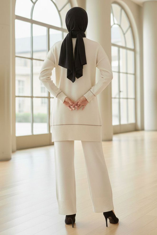 Çiçek Detaylı Triko İkili Takım - 28125-KREM - TOFİSA