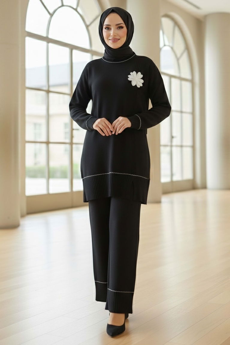 Çiçek Detaylı Triko İkili Takım - 28125-SIYAH - TOFİSA