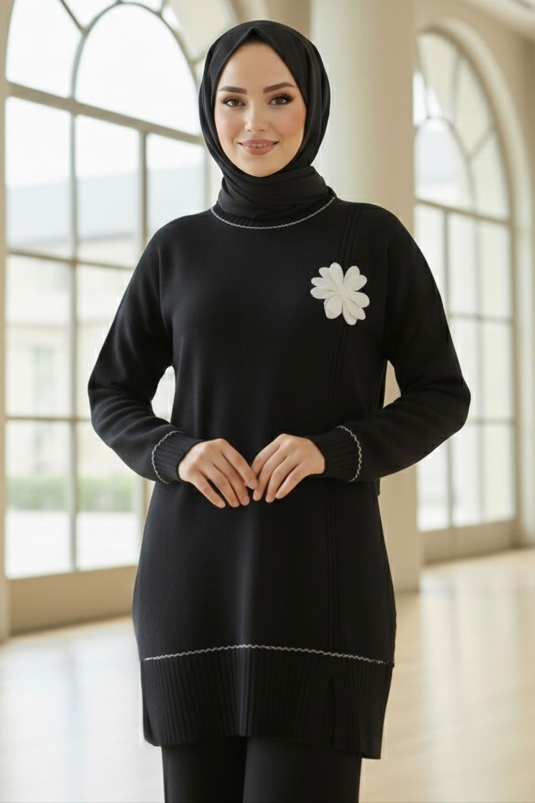 Çiçek Detaylı Triko İkili Takım - 28125-SIYAH - TOFİSA